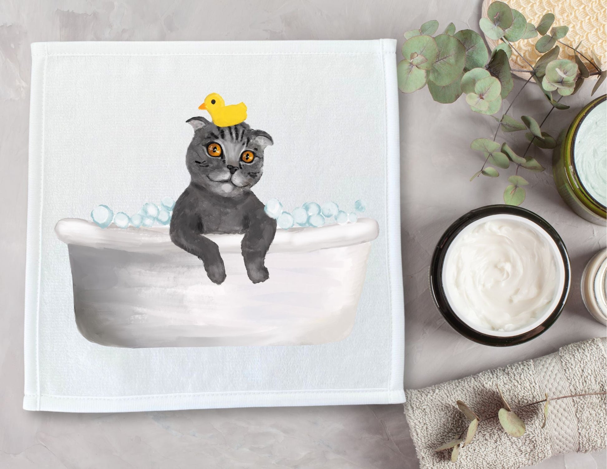 Playful Bathing Cat Washcloth – Whimsical Feline Art - MerikaArt