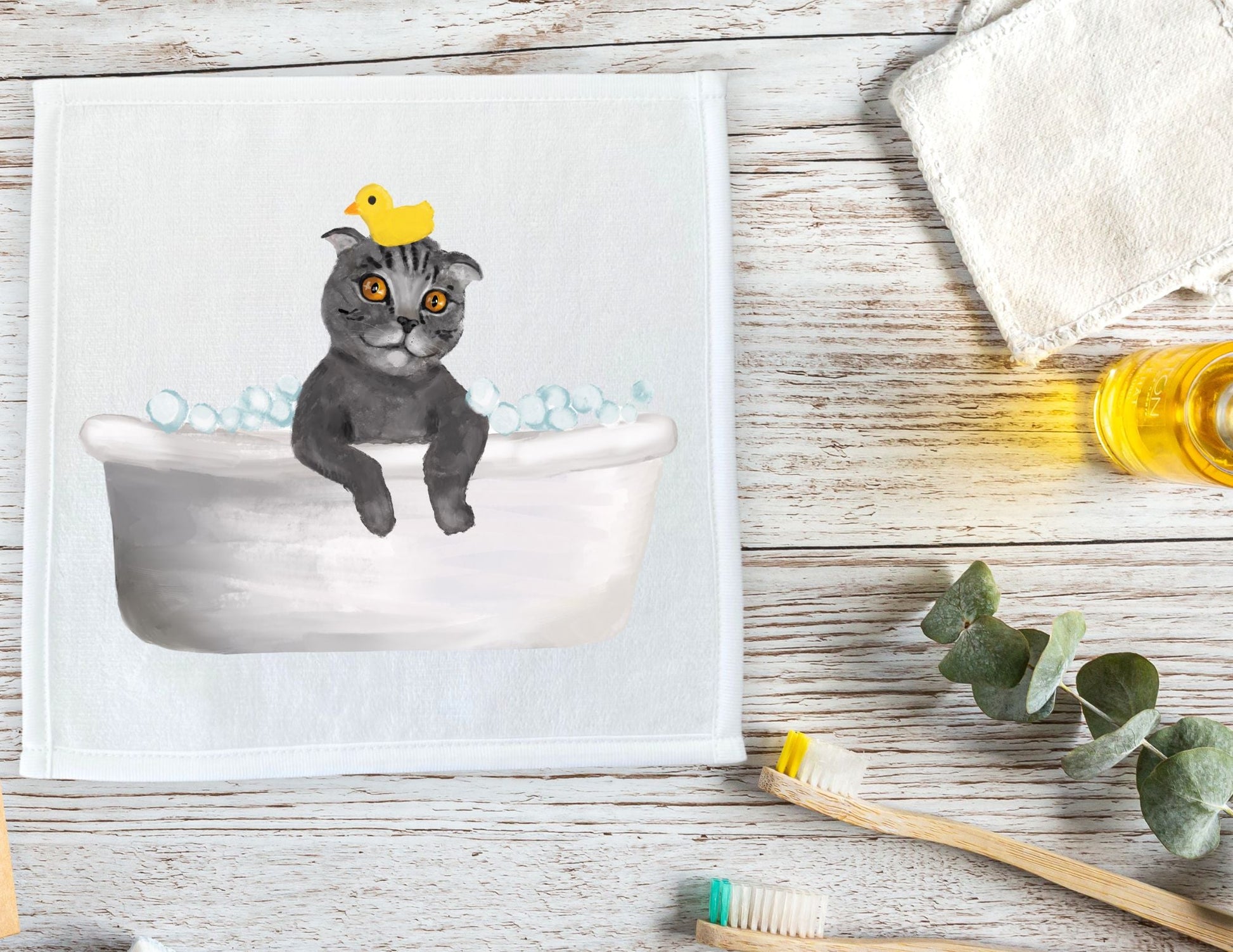 Playful Bathing Cat Washcloth – Whimsical Feline Art - MerikaArt