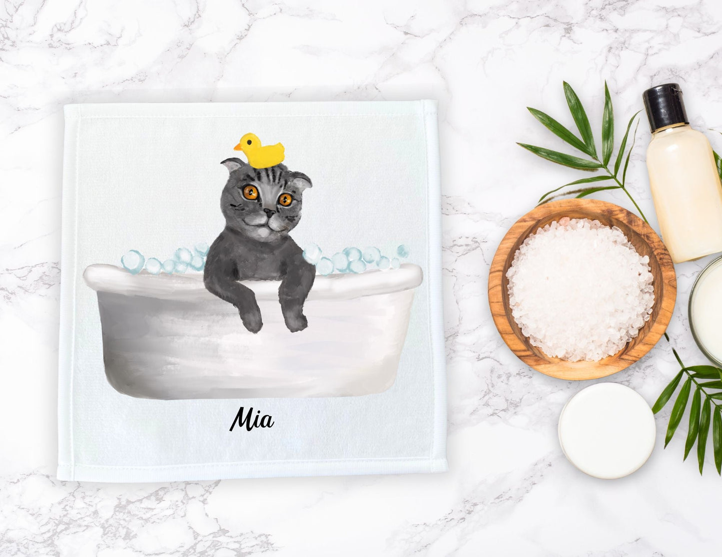 Playful Bathing Cat Washcloth – Whimsical Feline Art - MerikaArt