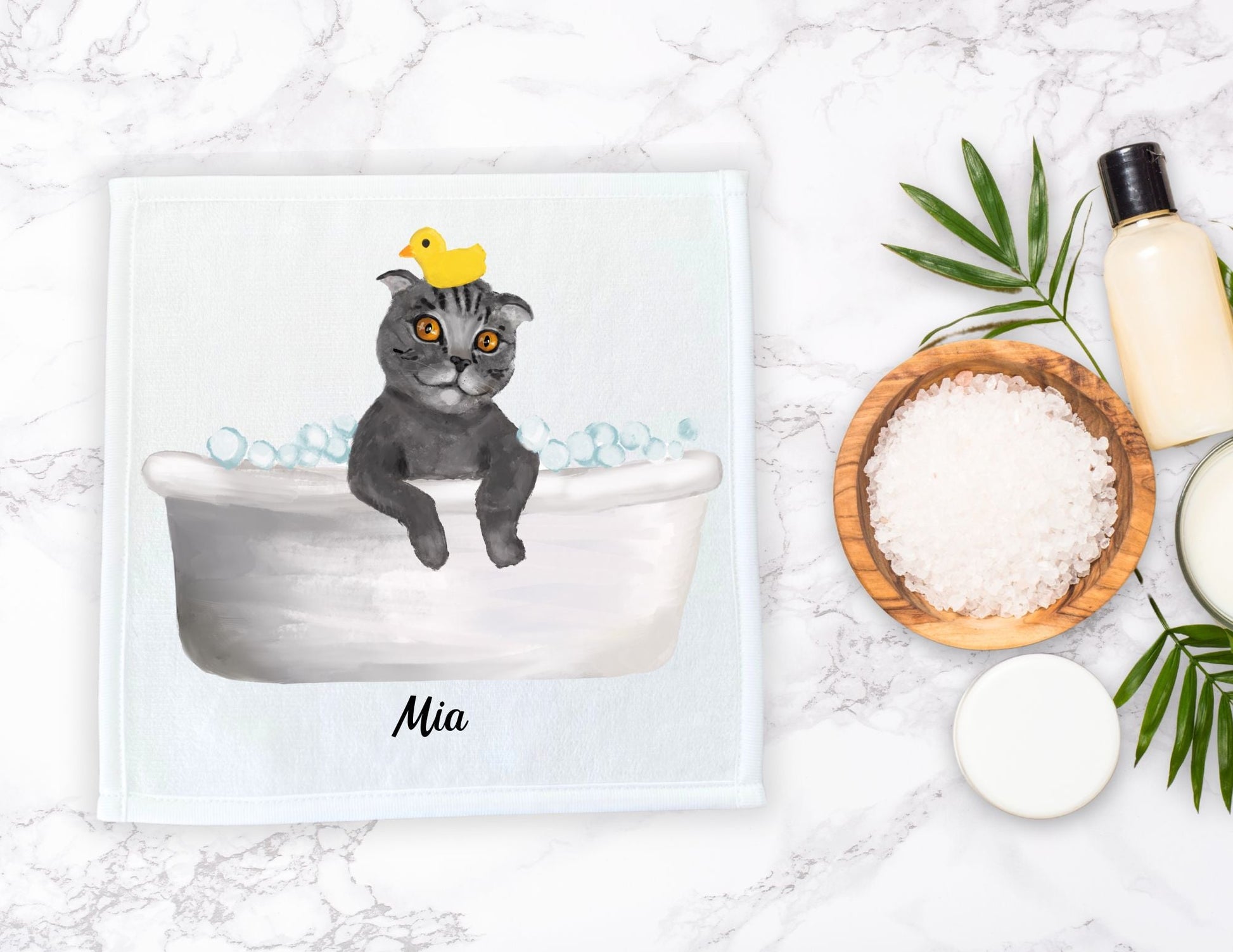Playful Bathing Cat Washcloth – Whimsical Feline Art - MerikaArt