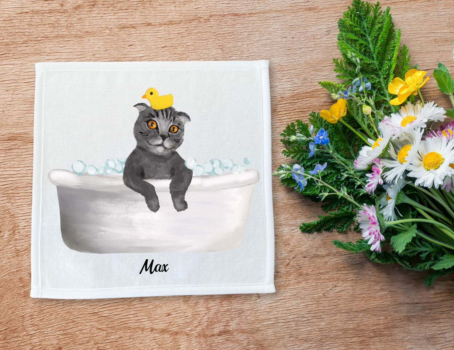 Playful Bathing Cat Washcloth – Whimsical Feline Art - MerikaArt