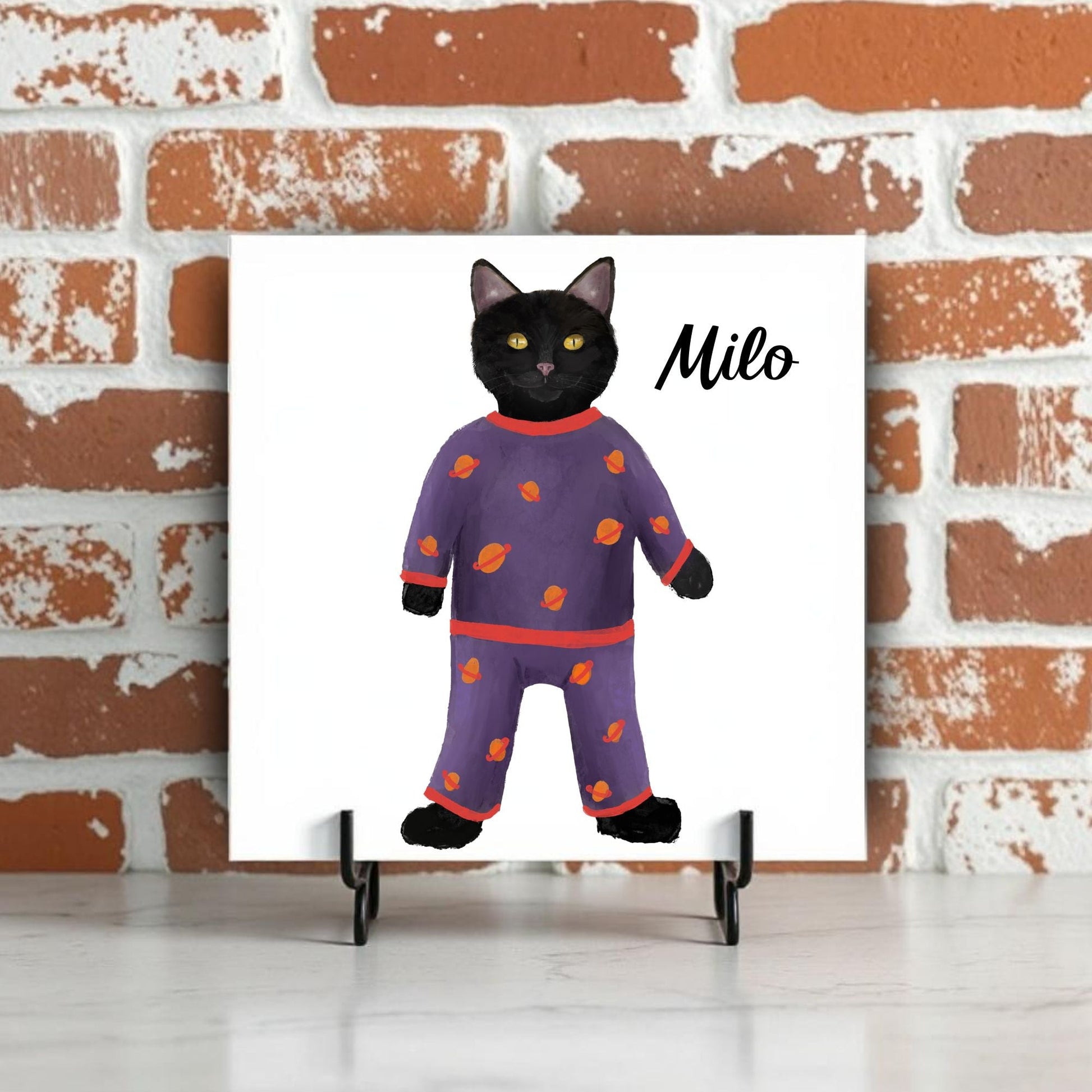 Playful Black Cat in Pajamas Ceramic Tile - MerikaArt