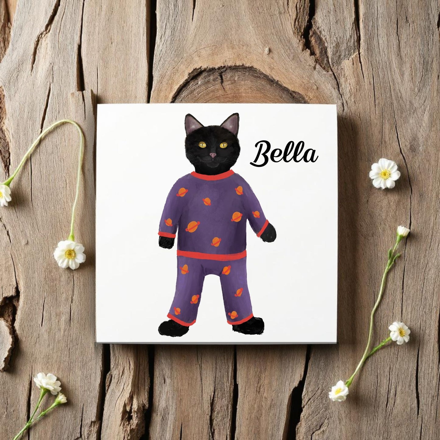 Playful Black Cat in Pajamas Ceramic Tile - MerikaArt