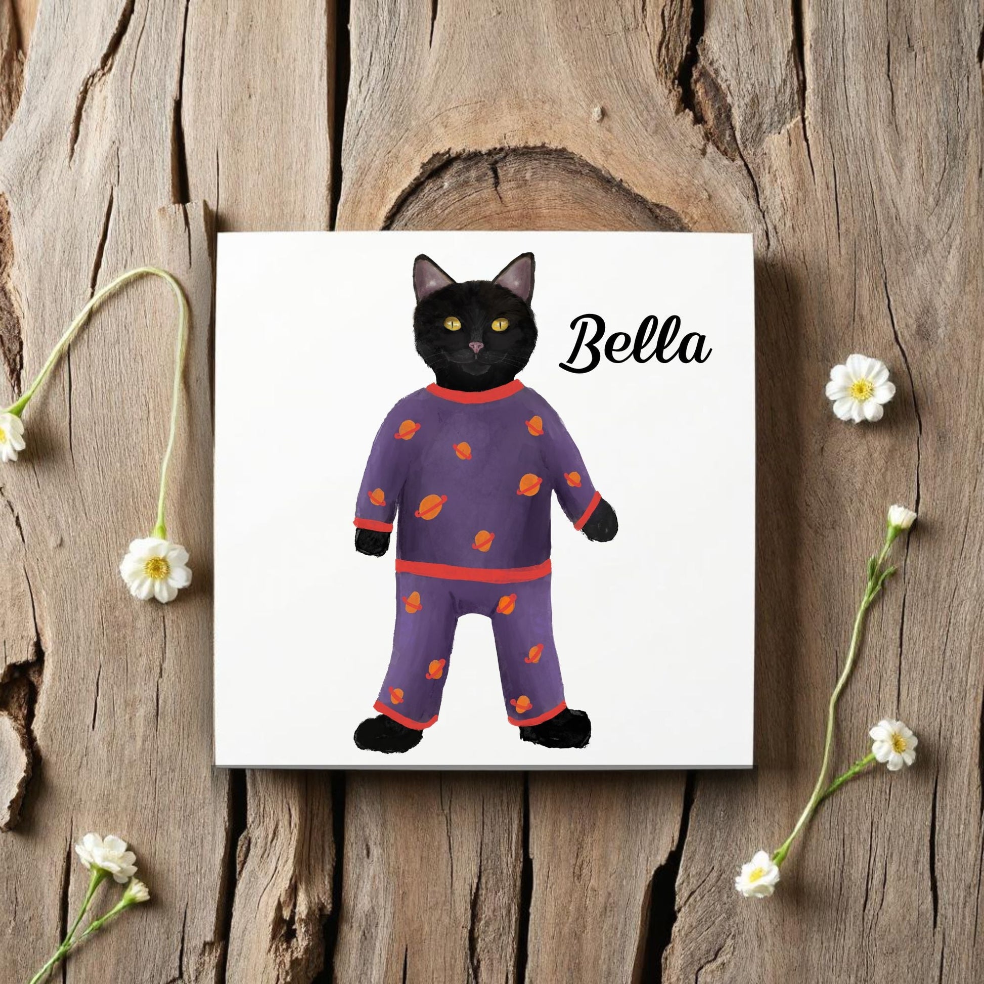Playful Black Cat in Pajamas Ceramic Tile - MerikaArt