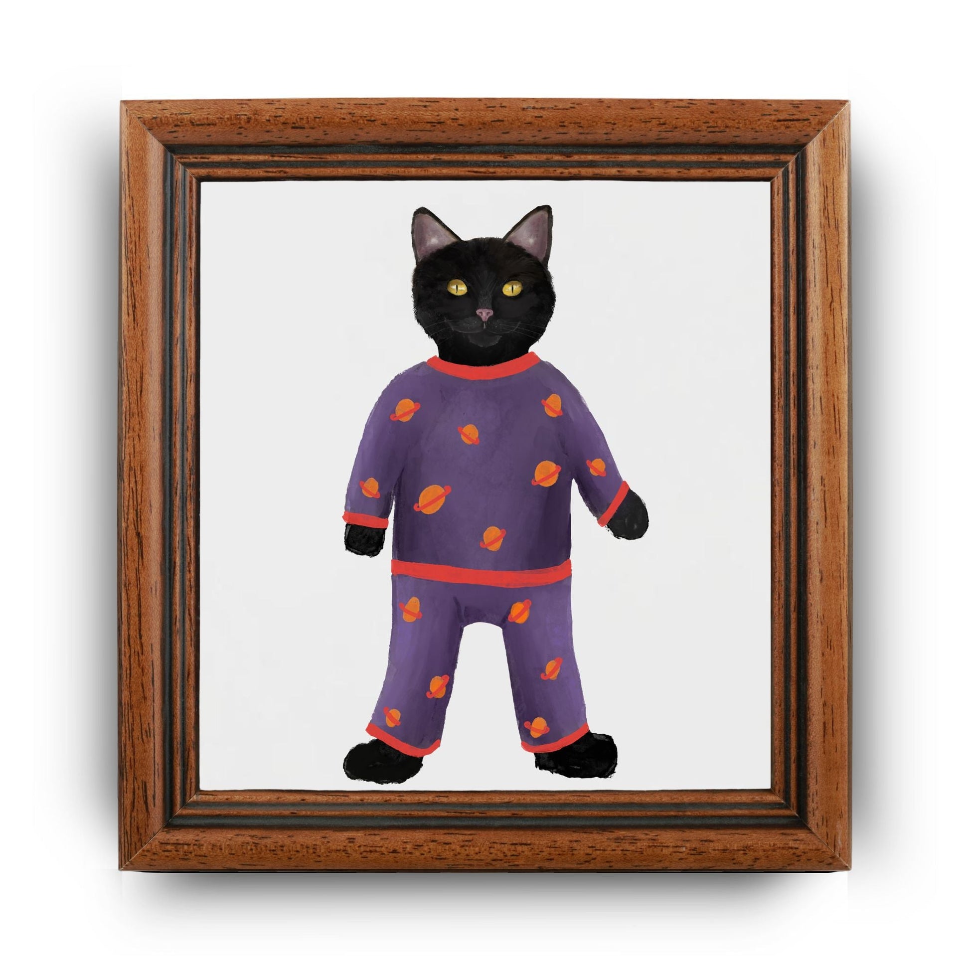 Playful Black Cat in Pajamas Ceramic Tile - MerikaArt