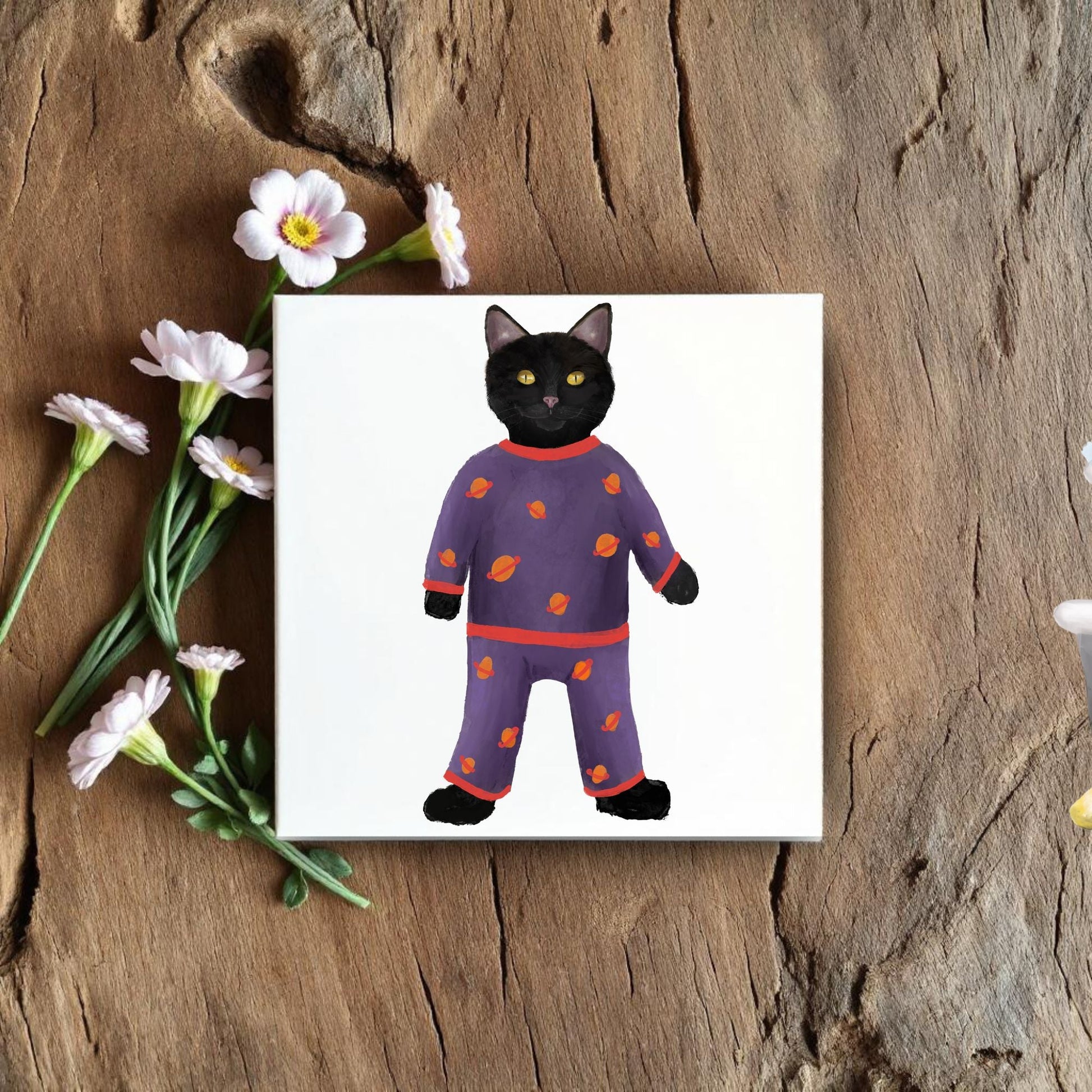 Playful Black Cat in Pajamas Ceramic Tile - MerikaArt