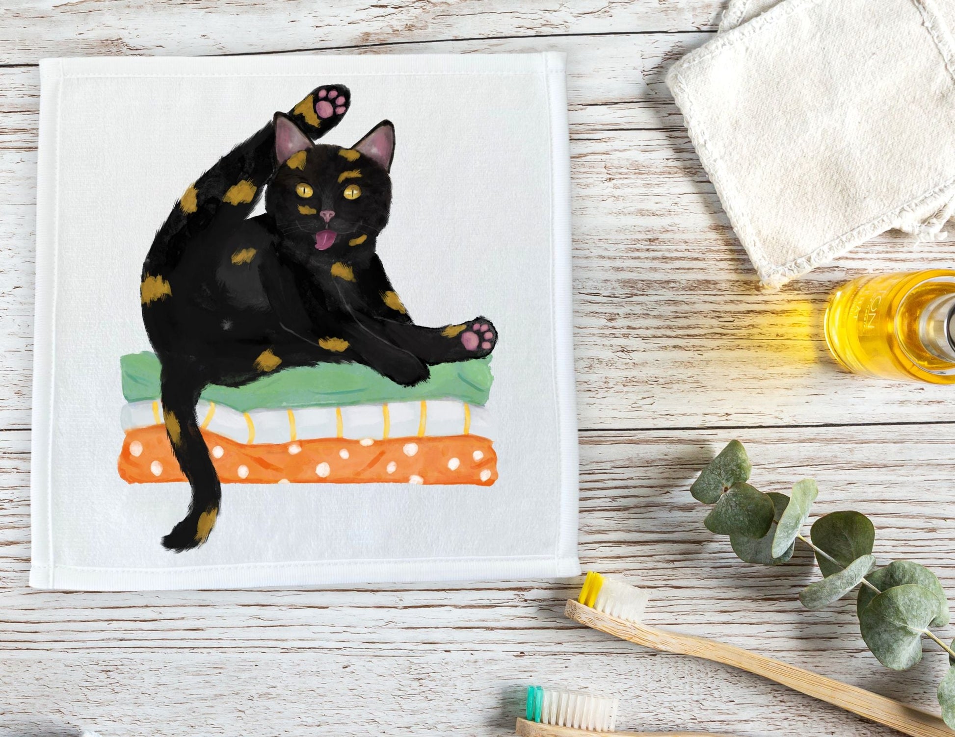 Playful Black Cat Washcloth - MerikaArt