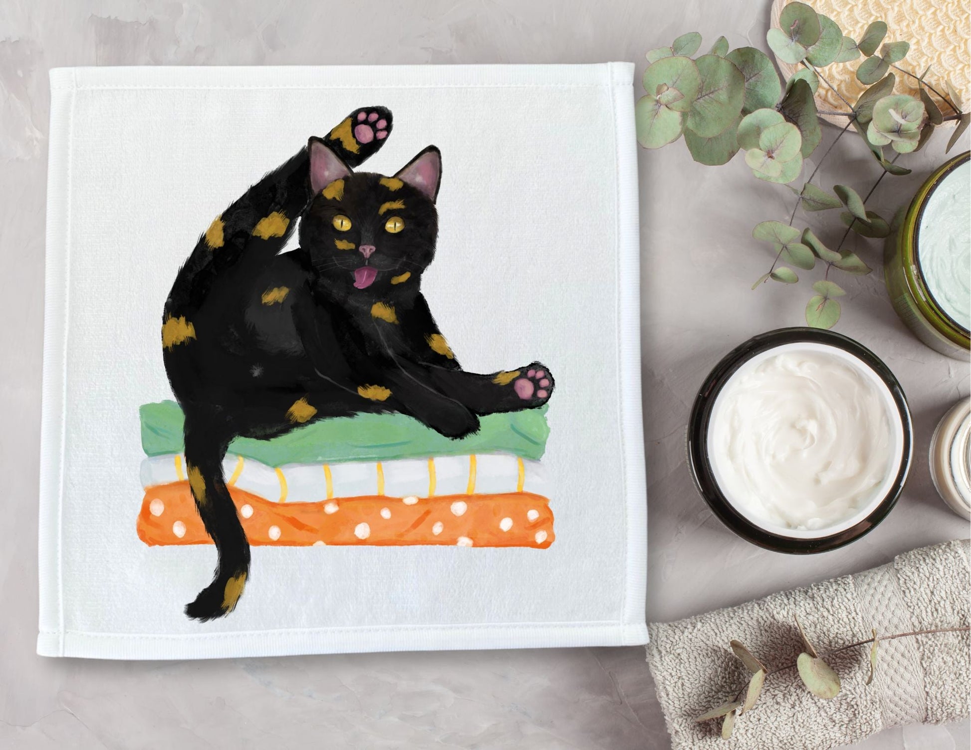Playful Black Cat Washcloth - MerikaArt
