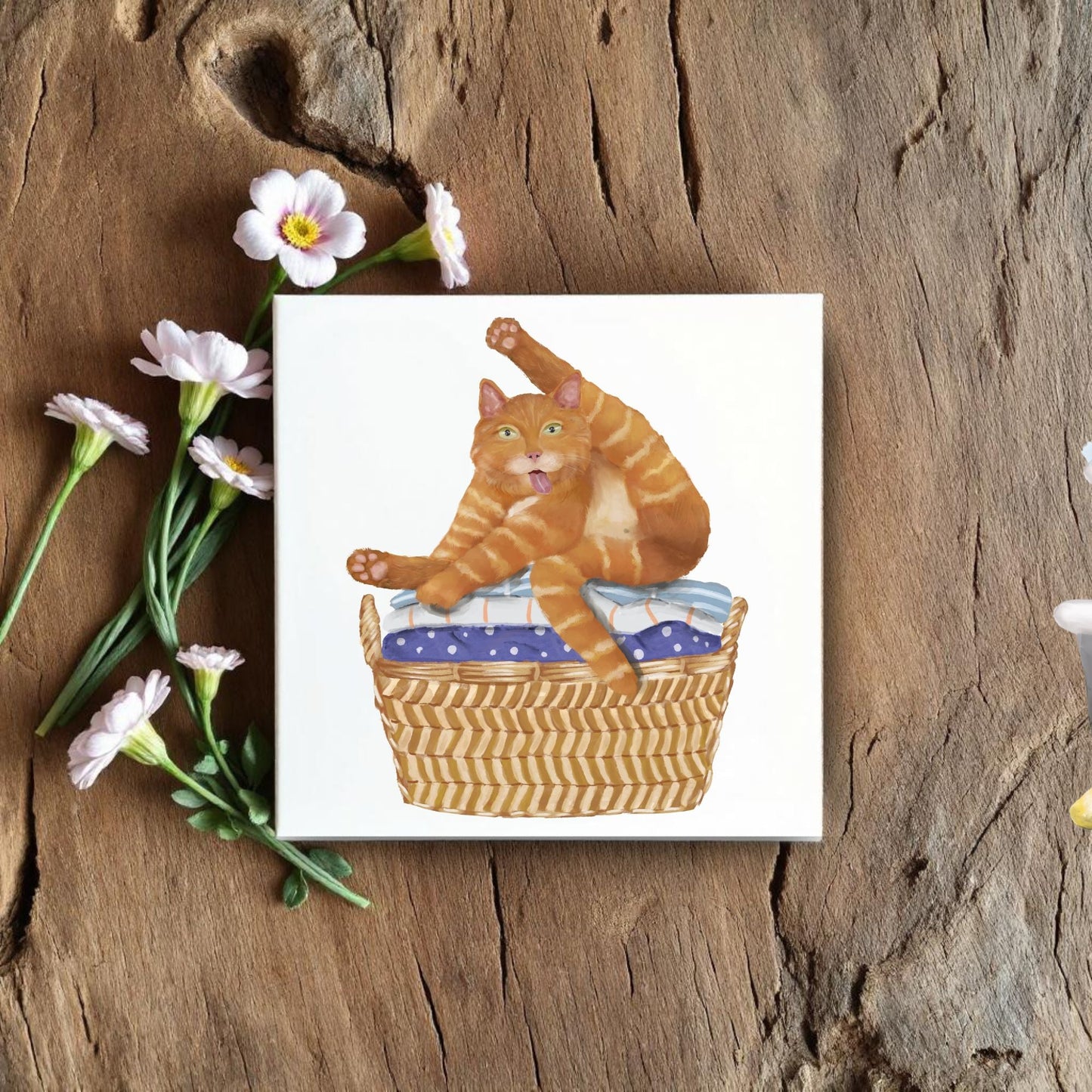 Playful Cat in Laundry Basket Ceramic Tile - MerikaArt