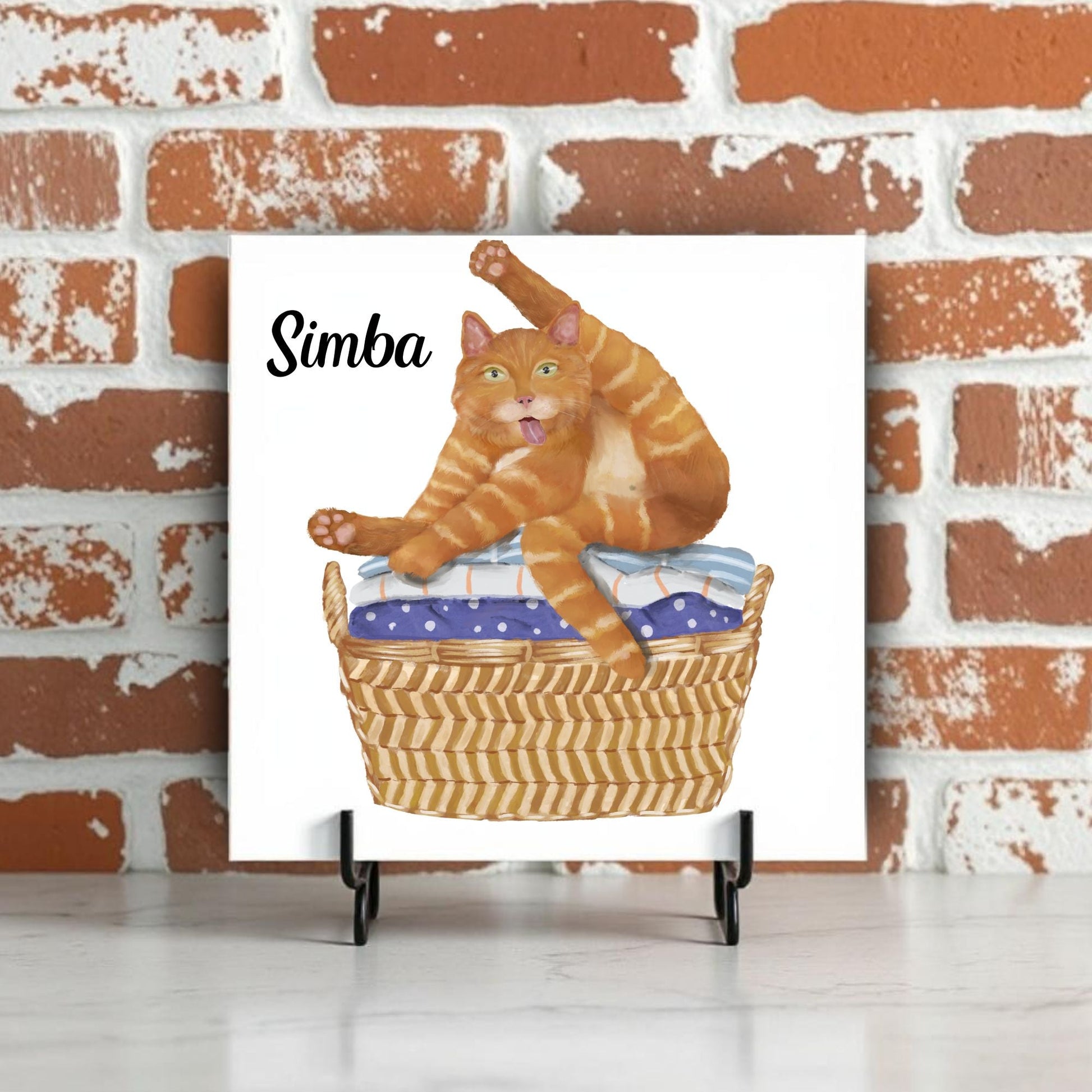 Playful Cat in Laundry Basket Ceramic Tile - MerikaArt