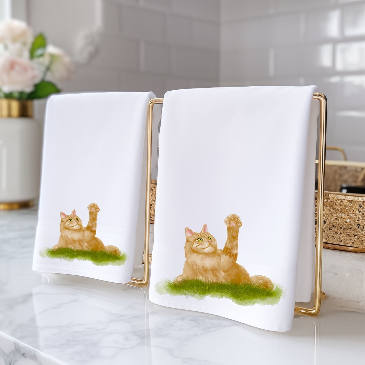 Playful Ginger Cat Bathroom Towel - MerikaArt