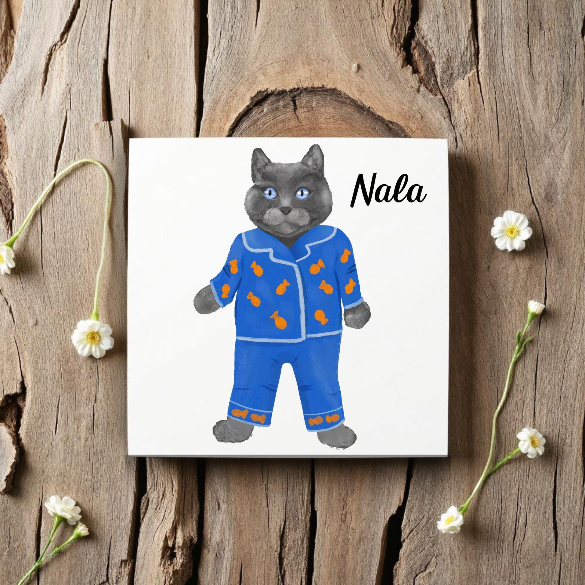 Playful Gray Cat in Pajamas Ceramic Tile - MerikaArt