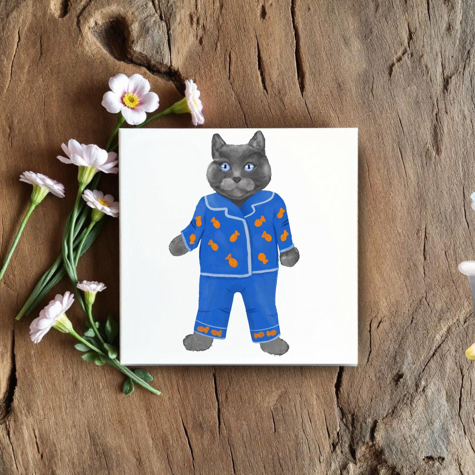 Playful Gray Cat in Pajamas Ceramic Tile - MerikaArt