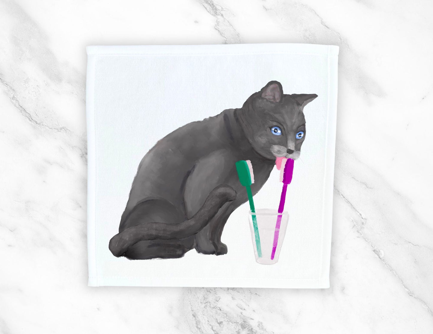 Playful Gray Cat Washcloth – Whimsical Home Gift - MerikaArt