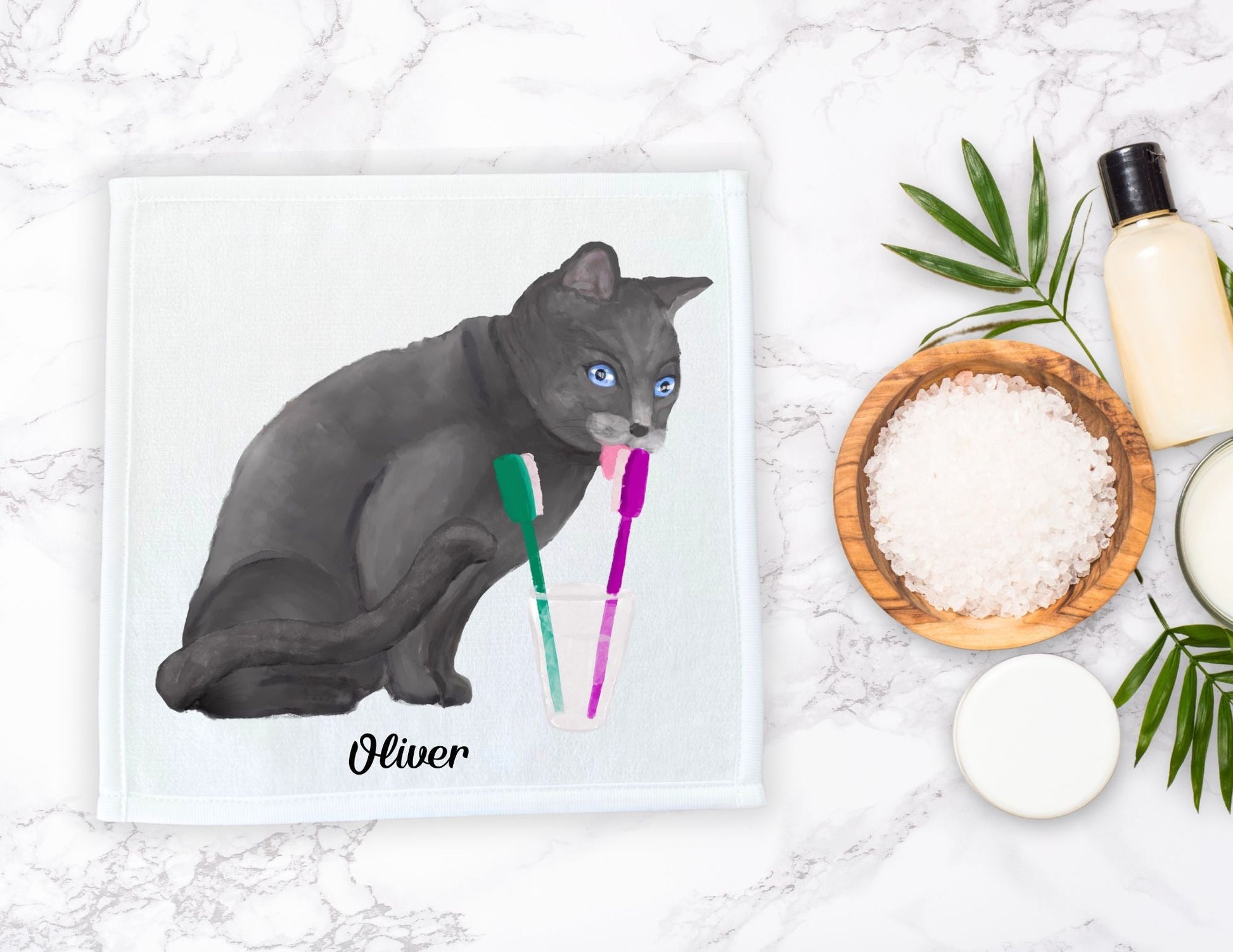 Playful Gray Cat Washcloth – Whimsical Home Gift - MerikaArt