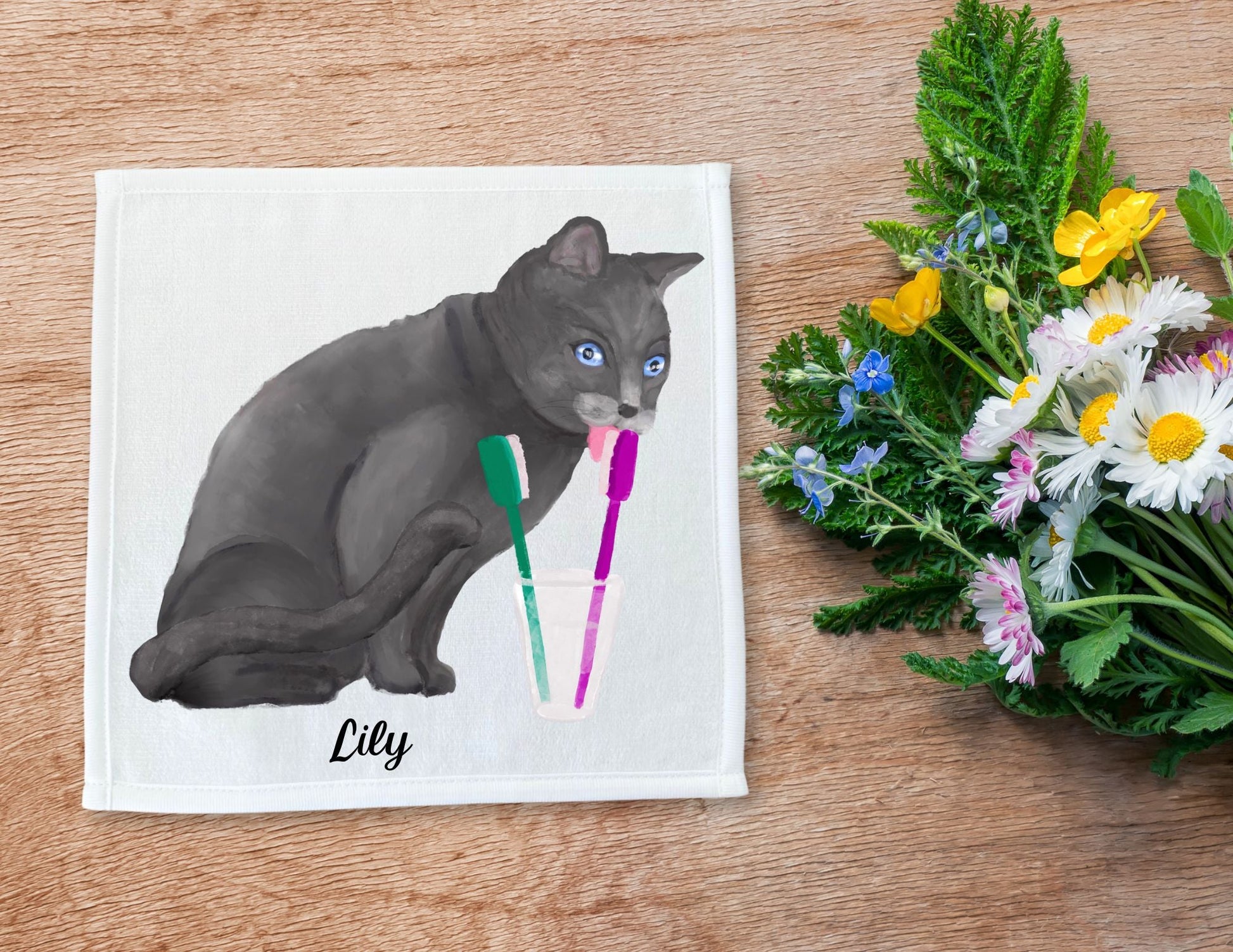 Playful Gray Cat Washcloth – Whimsical Home Gift - MerikaArt