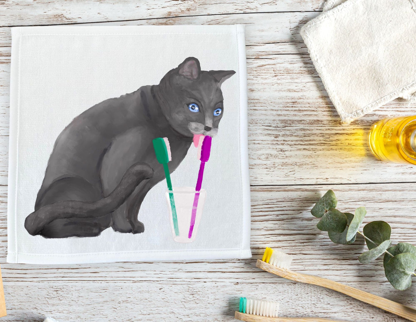 Playful Gray Cat Washcloth – Whimsical Home Gift - MerikaArt