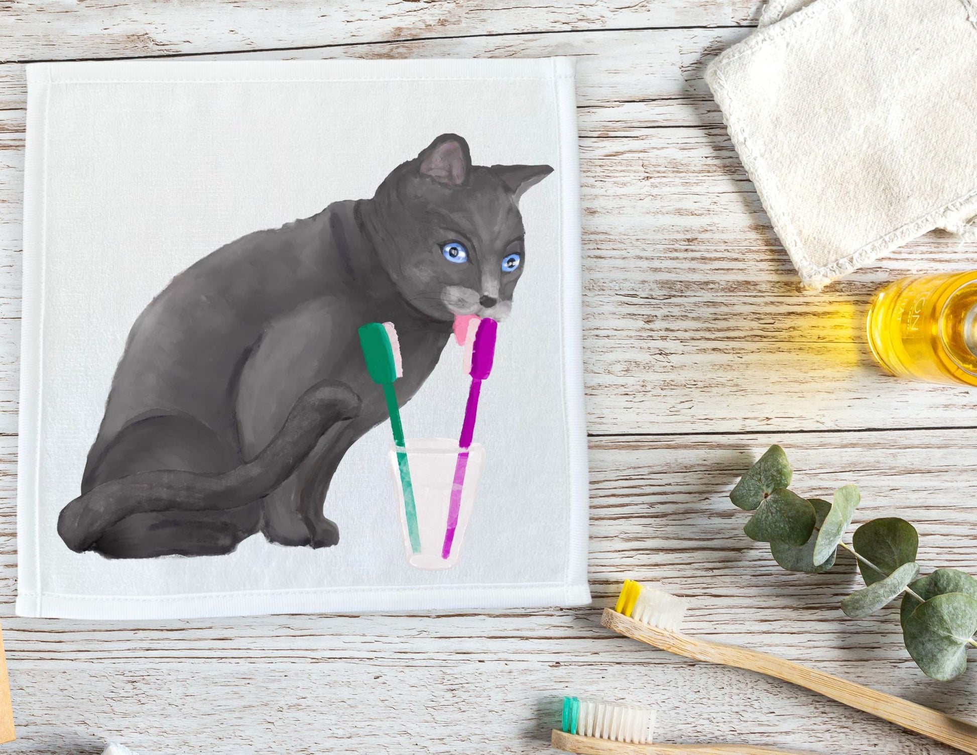 Playful Gray Cat Washcloth – Whimsical Home Gift - MerikaArt