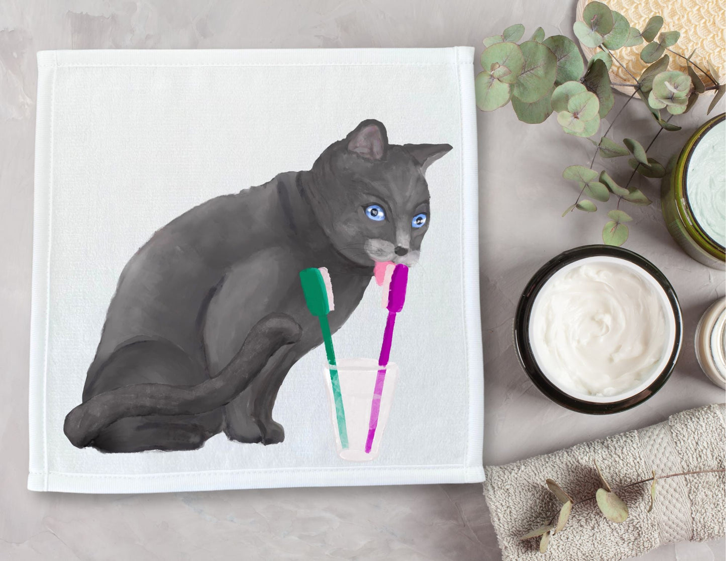 Playful Gray Cat Washcloth – Whimsical Home Gift - MerikaArt