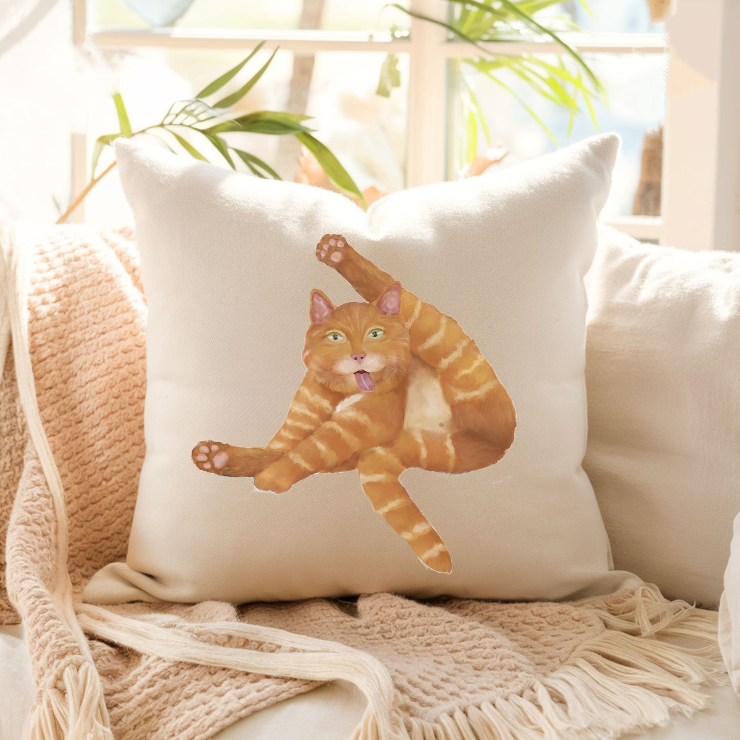 Playful Orange Cat Pillow - Fun and Whimsical Home Decor - MerikaArt