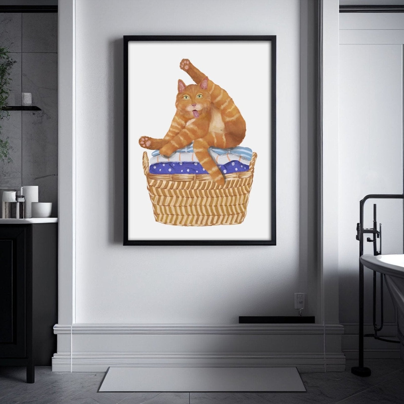 Playful Orange Tabby Cat in Laundry Basket – Fun Cat Art Print - MerikaArt