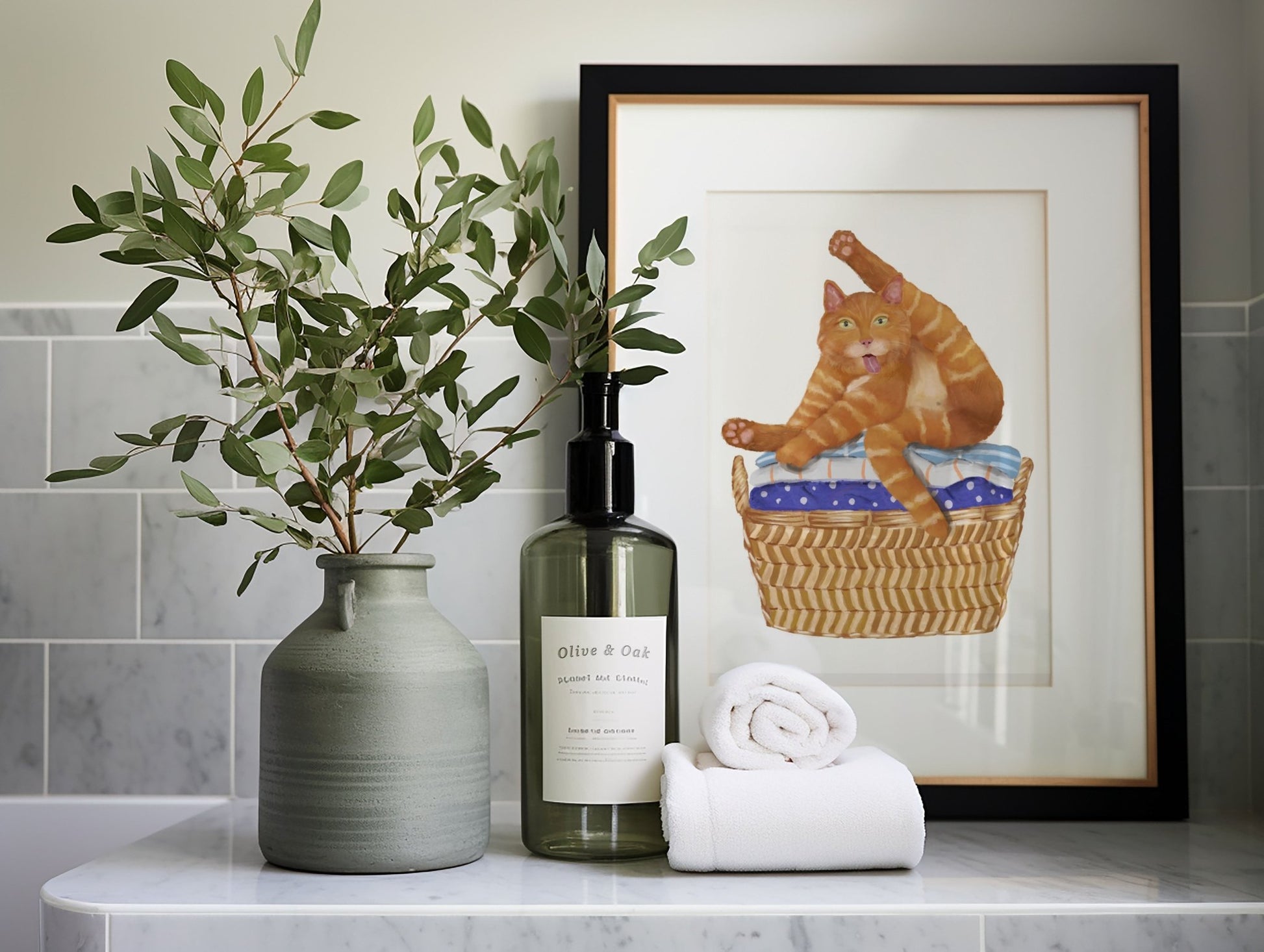 Playful Orange Tabby Cat in Laundry Basket – Fun Cat Art Print - MerikaArt