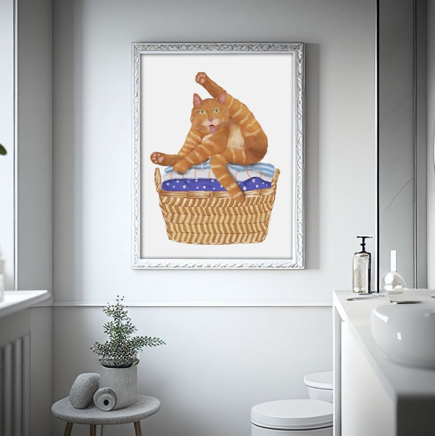 Playful Orange Tabby Cat in Laundry Basket – Fun Cat Art Print - MerikaArt