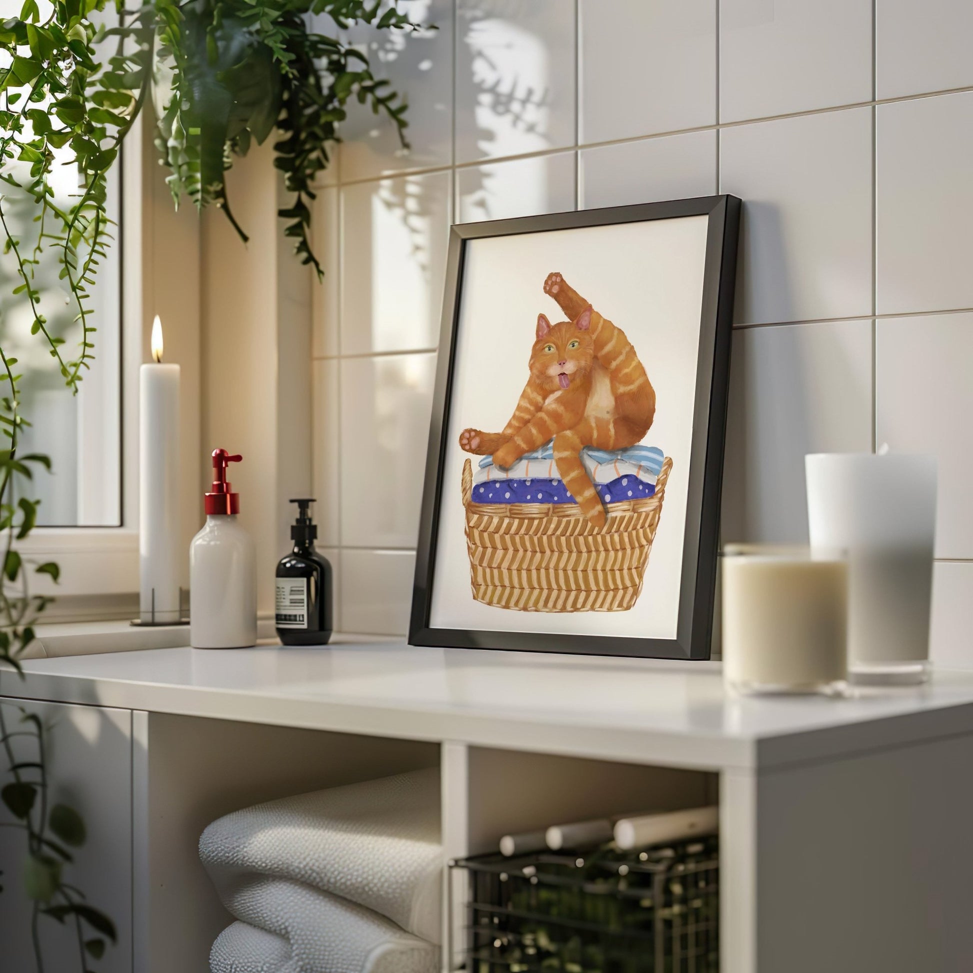 Playful Orange Tabby Cat in Laundry Basket – Fun Cat Art Print - MerikaArt