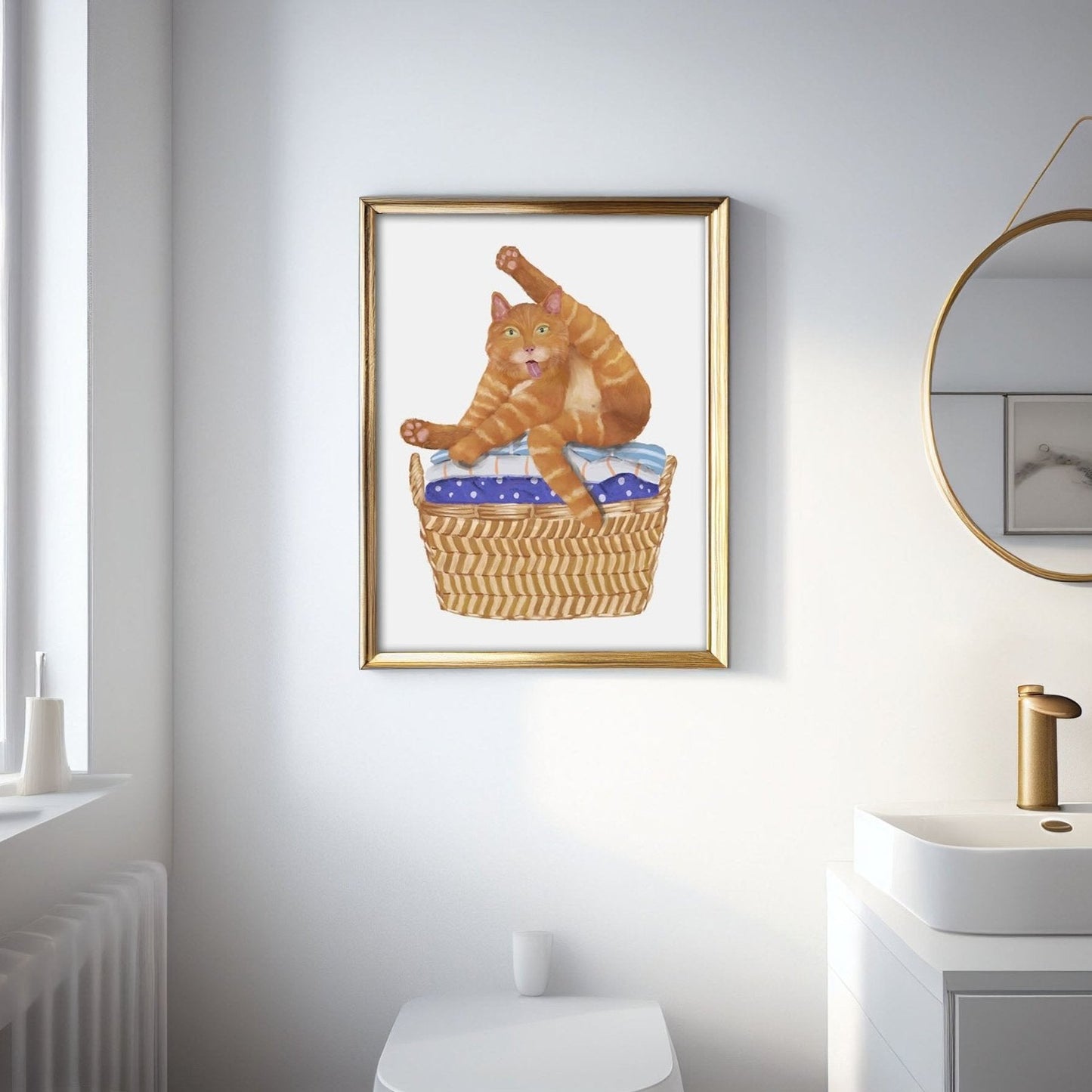Playful Orange Tabby Cat in Laundry Basket – Fun Cat Art Print - MerikaArt