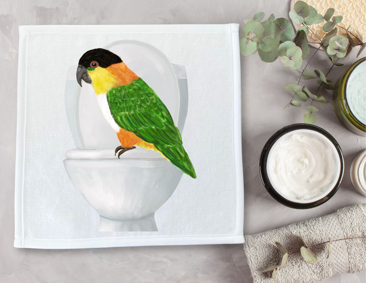 Playful Parrot on Toilet Washcloth - MerikaArt