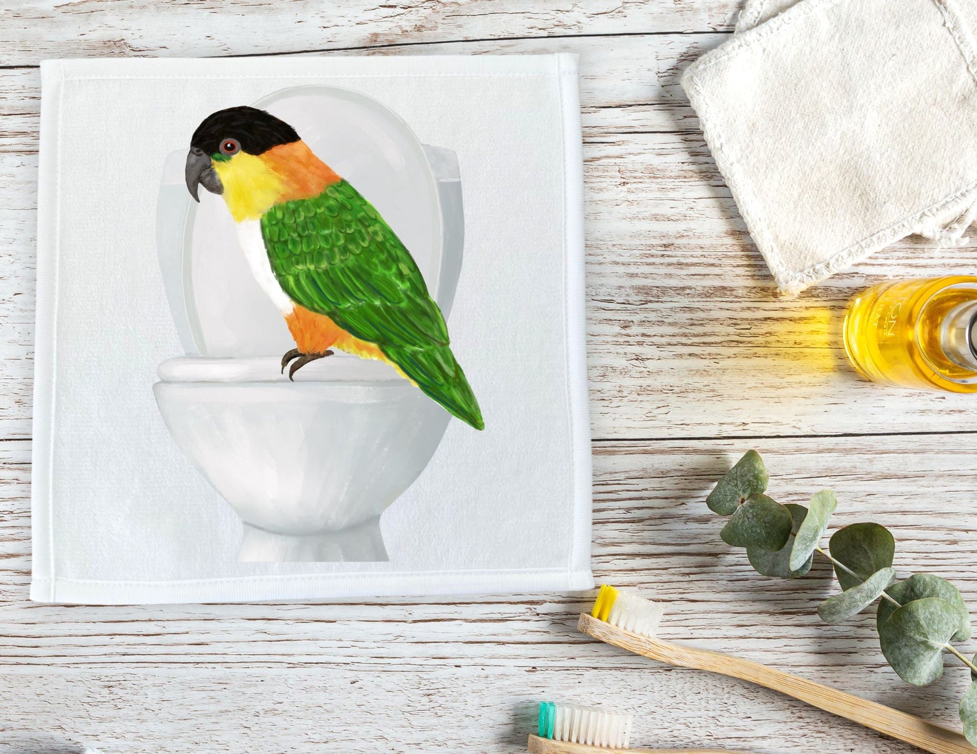 Playful Parrot on Toilet Washcloth - MerikaArt