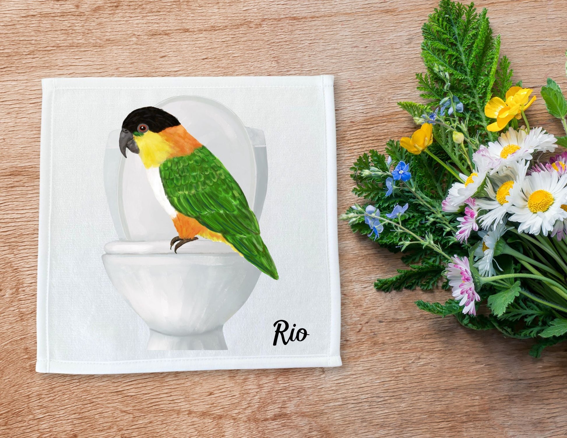 Playful Parrot on Toilet Washcloth - MerikaArt