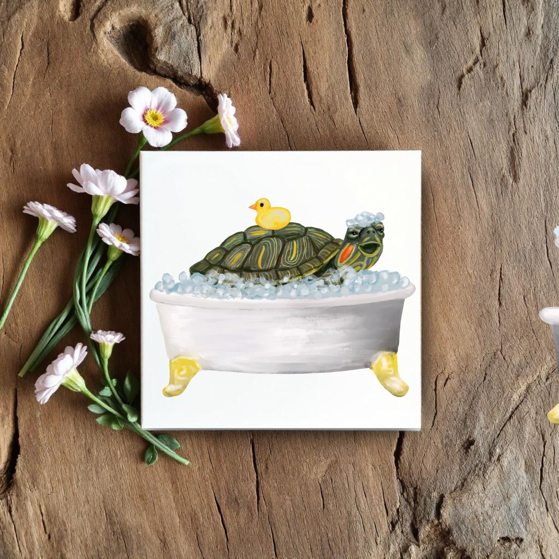 Playful Turtle in Bubble Bath Ceramic Tile - MerikaArt