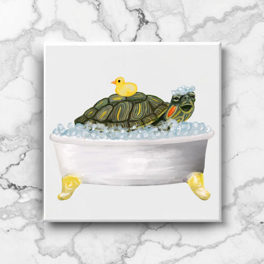 Playful Turtle in Bubble Bath Ceramic Tile - MerikaArt