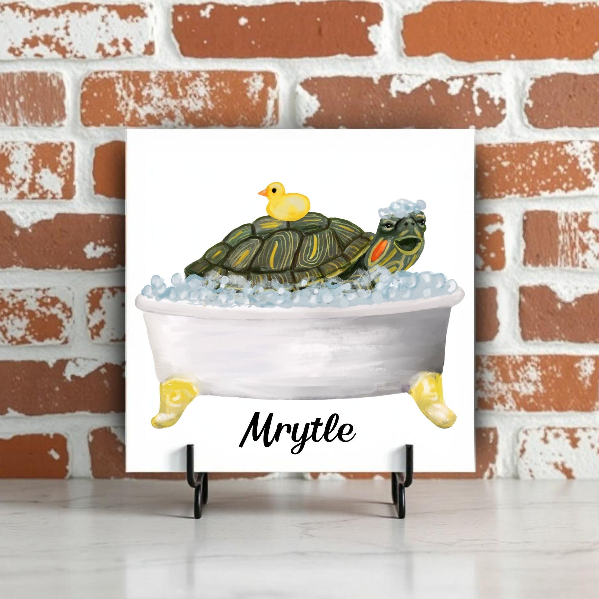 Playful Turtle in Bubble Bath Ceramic Tile - MerikaArt