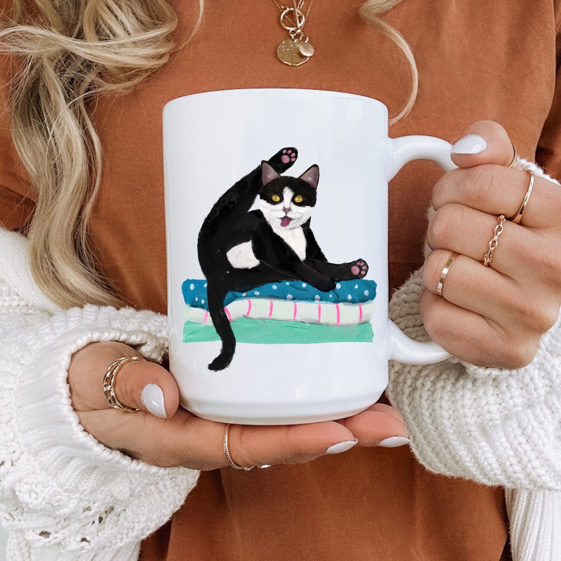 Playful Tuxedo Cat Ceramic Coffee Mug - MerikaArt