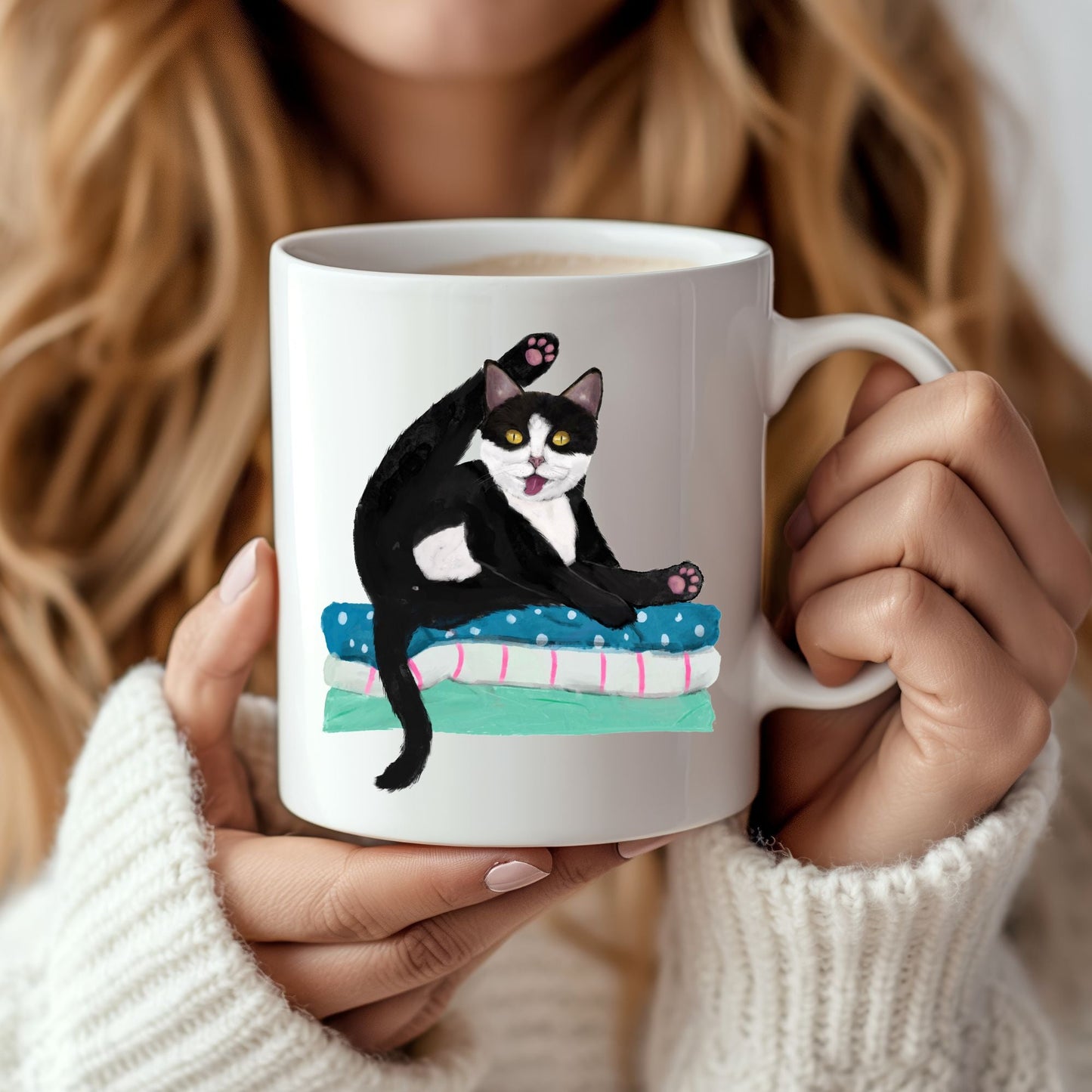 Playful Tuxedo Cat Ceramic Coffee Mug - MerikaArt