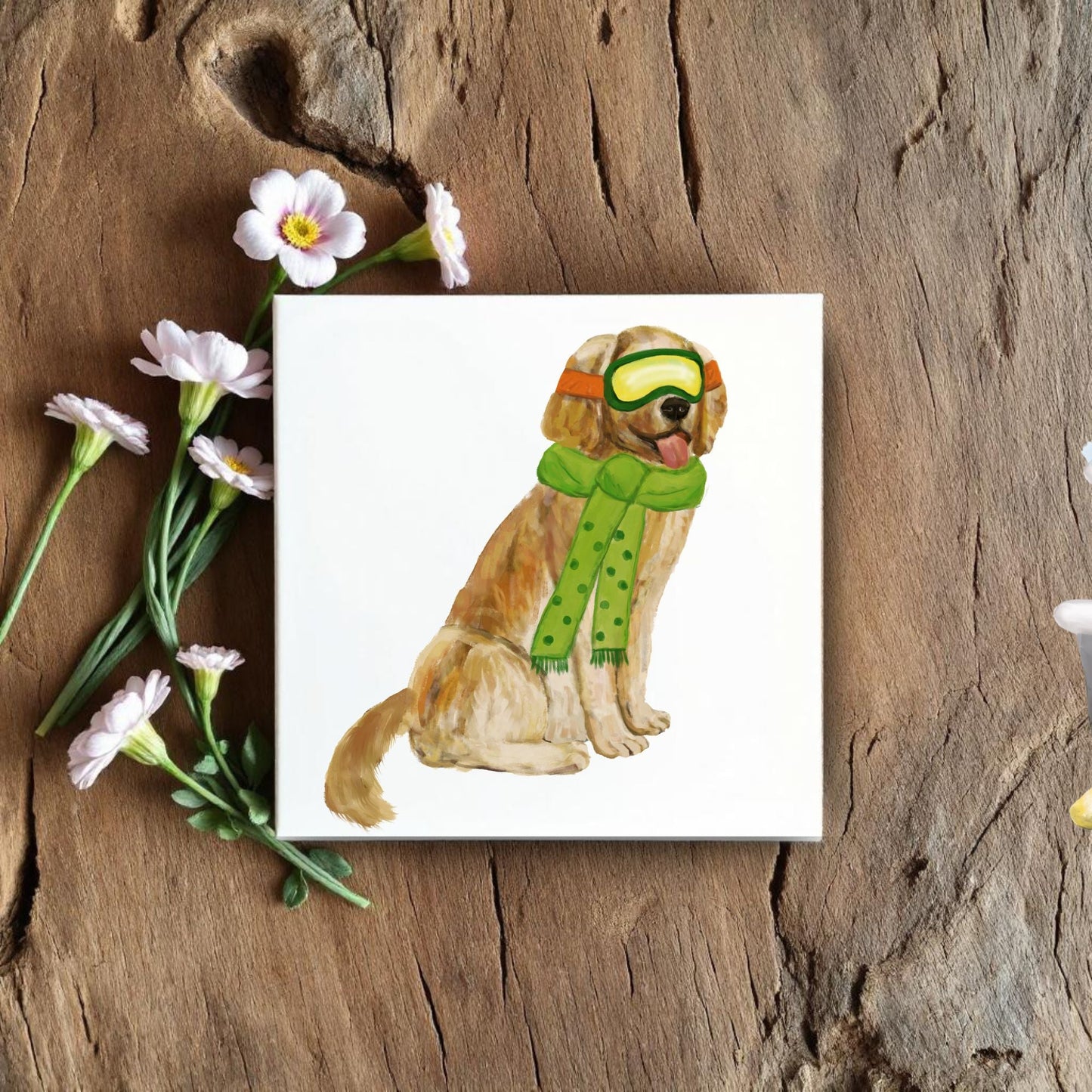 Playful Winter Dog Illustration – Golden Pup in Green Scarf - MerikaArt