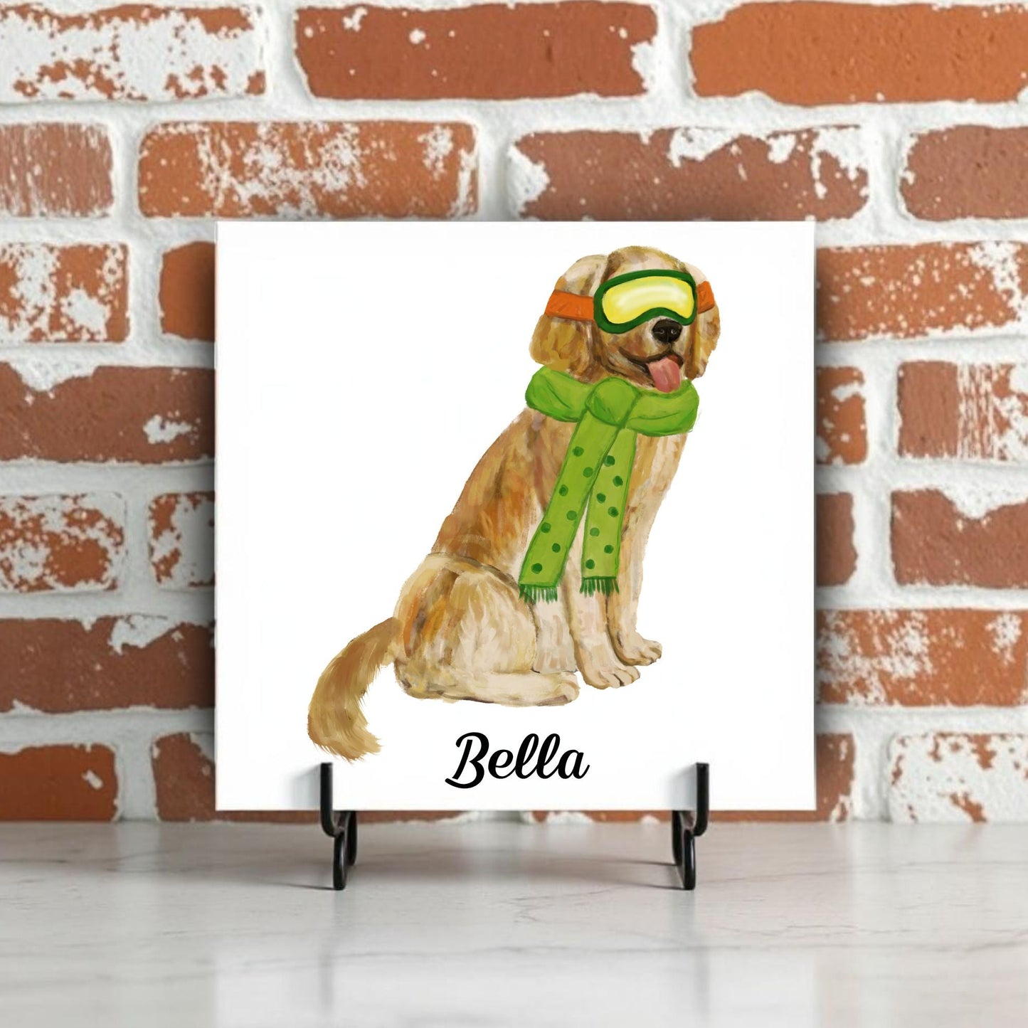 Playful Winter Dog Illustration – Golden Pup in Green Scarf - MerikaArt