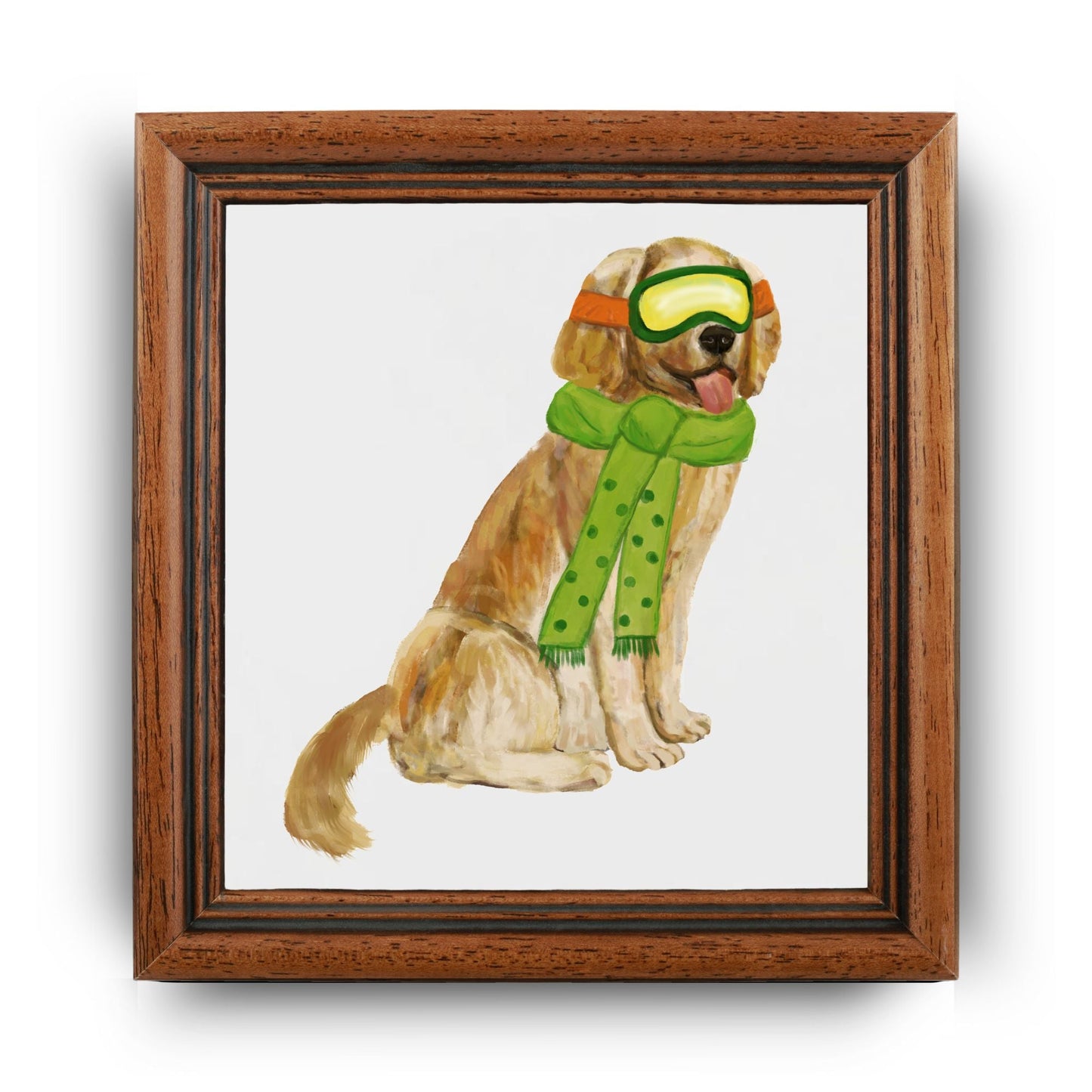 Playful Winter Dog Illustration – Golden Pup in Green Scarf - MerikaArt