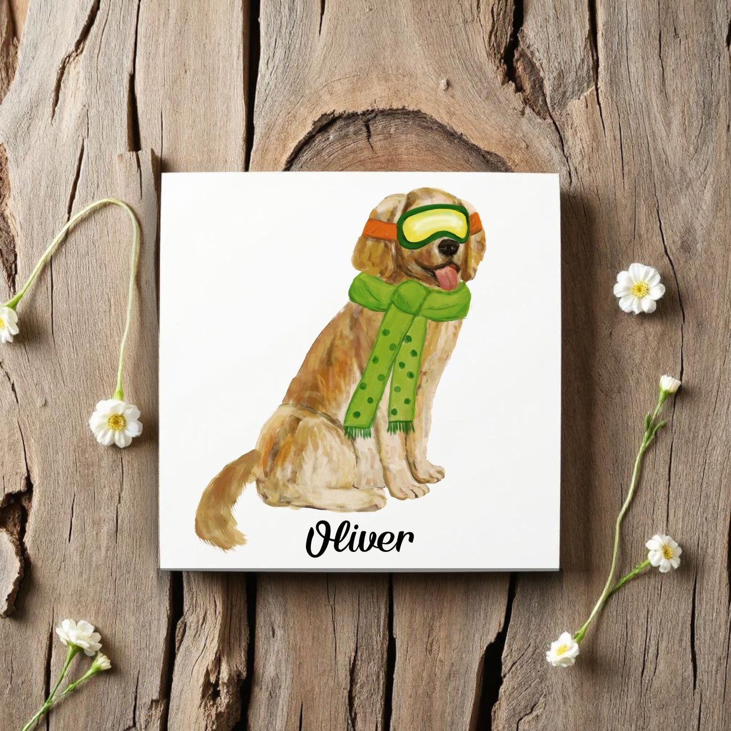 Playful Winter Dog Illustration – Golden Pup in Green Scarf - MerikaArt