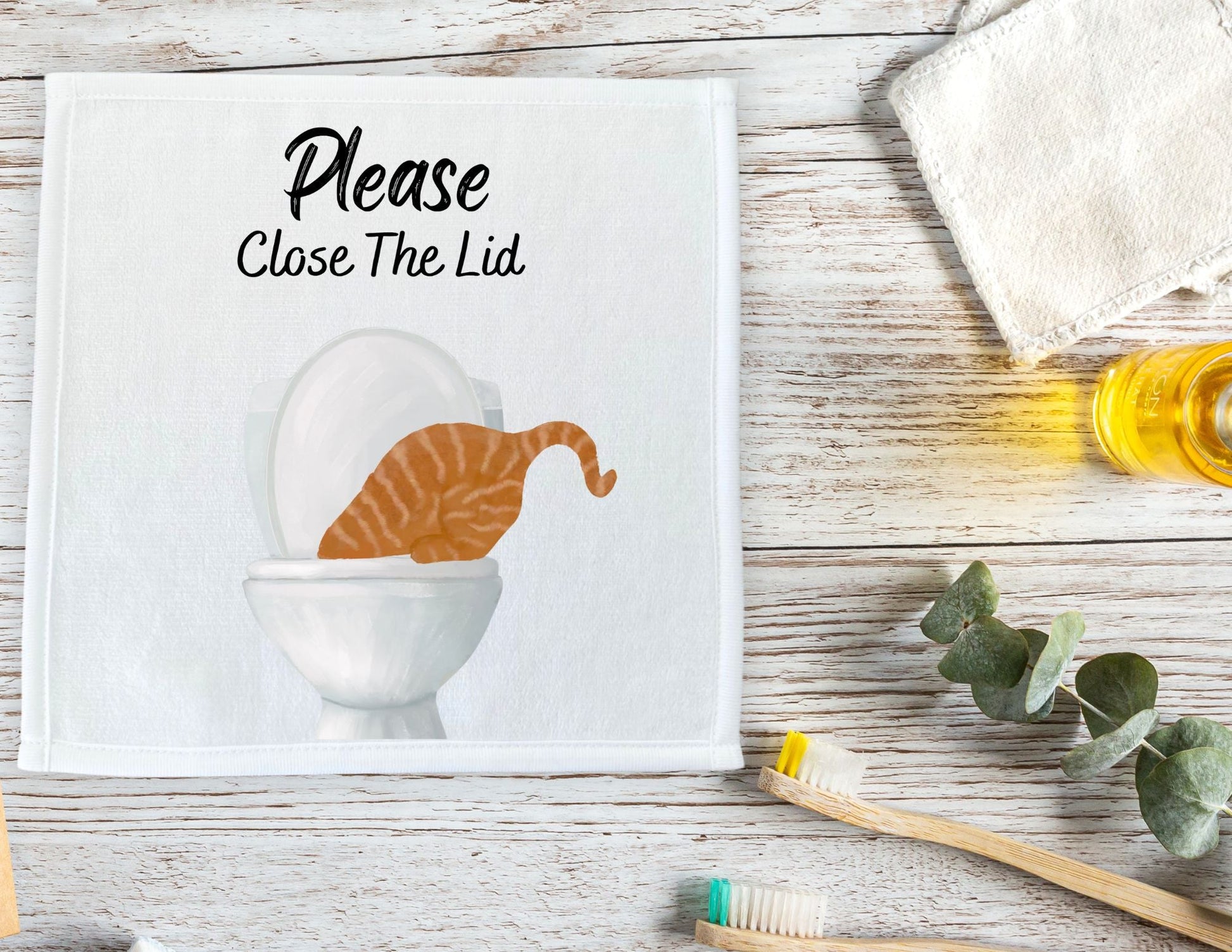 "Please Close The Lid" Ginger Tabby Cat Washcloth - MerikaArt
