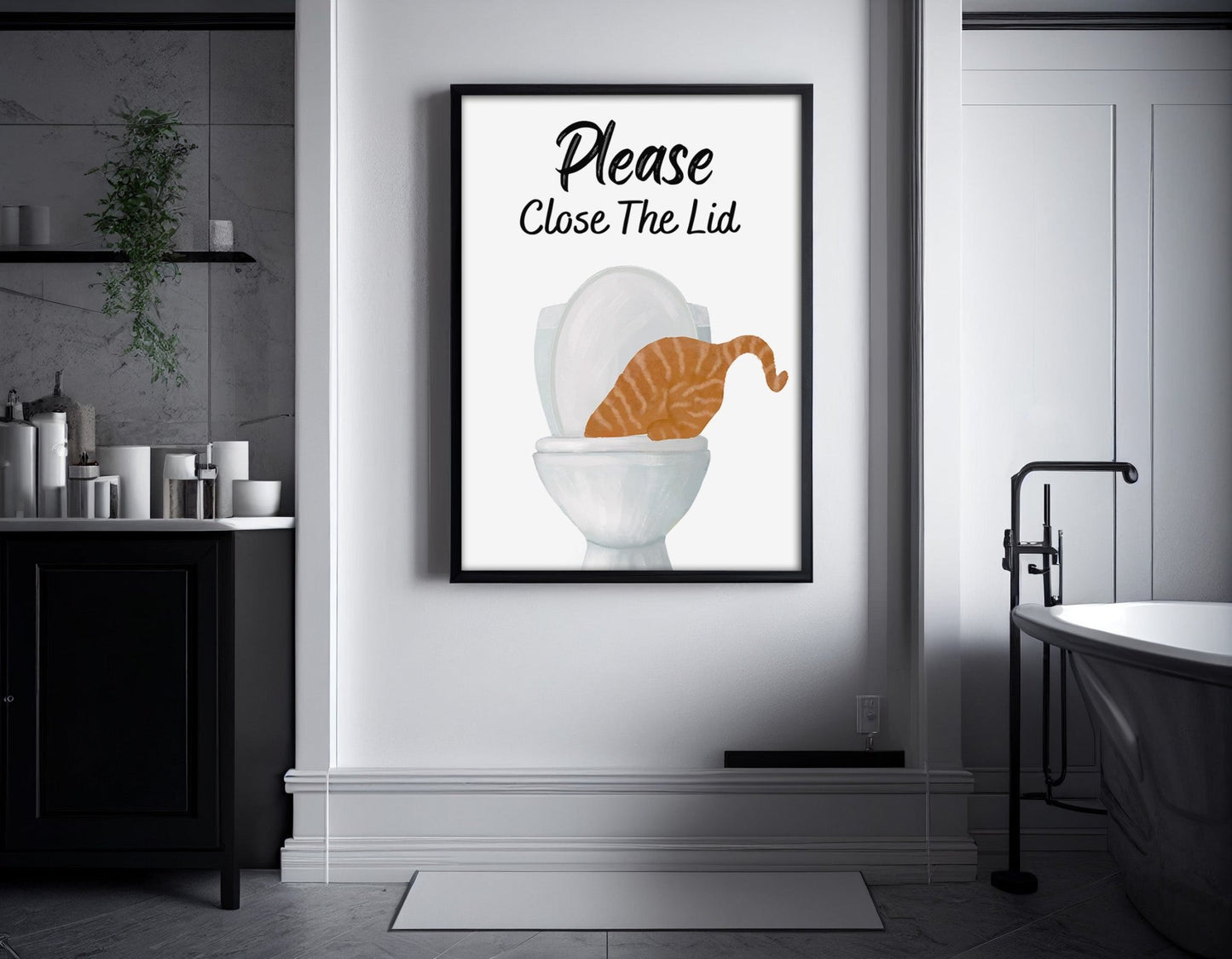 "Please Close the Lid" Orange Tabby Cat Bathroom Sign - MerikaArt