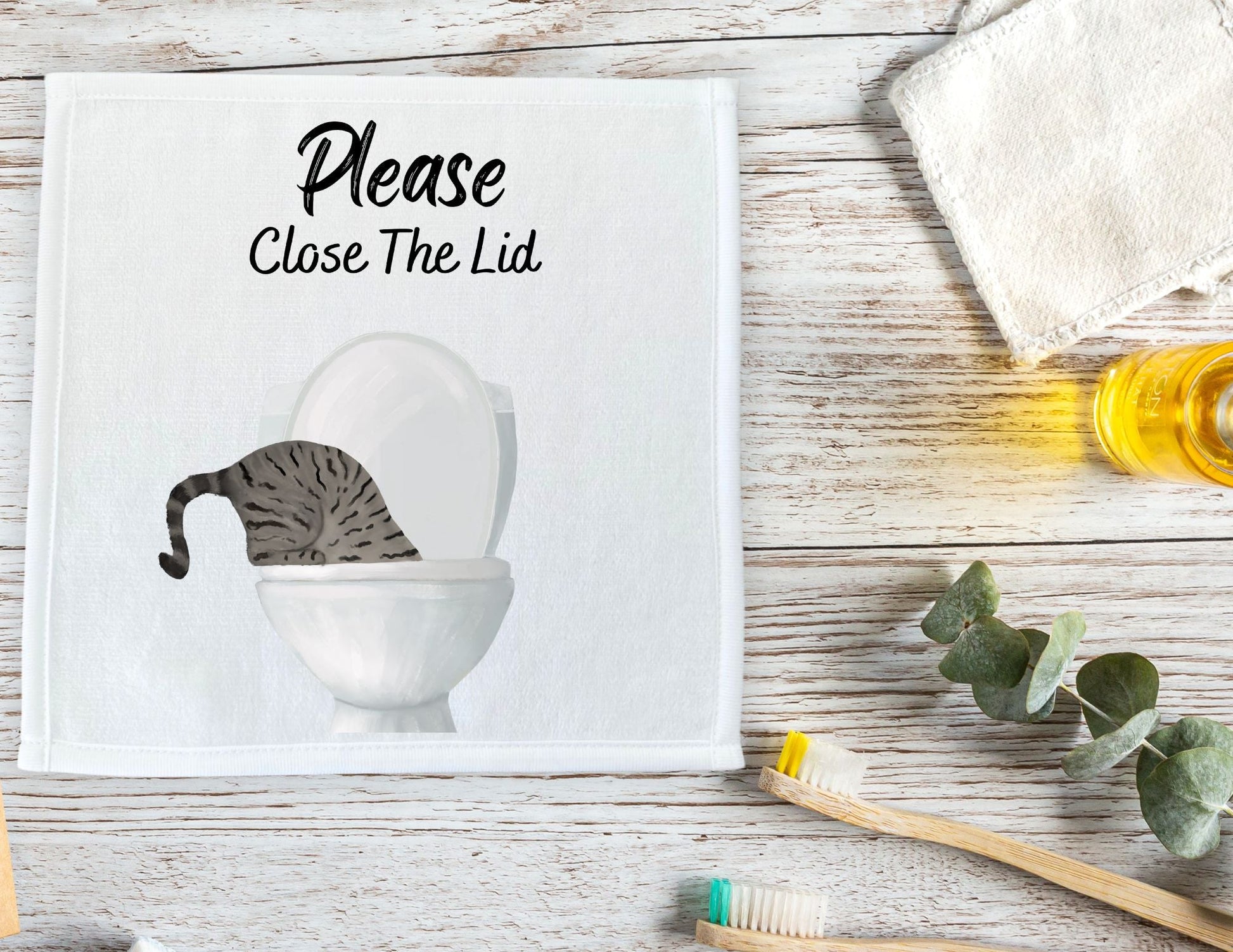 "Please Close The Lid" Tabby Cat Washcloth - MerikaArt