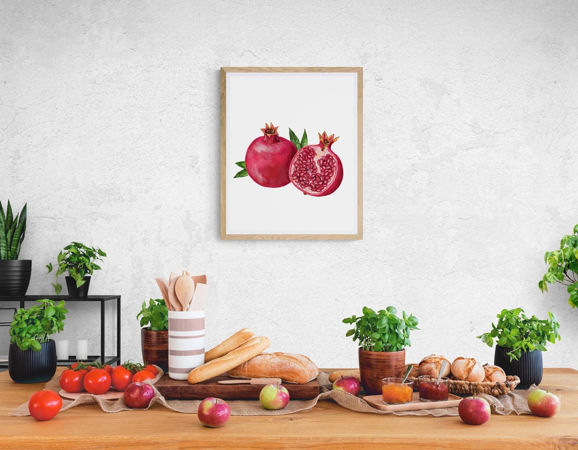 Pomegranate Art Print, Pomegranate Art, Kitchen Wall Hanging, Dining Room Decor, Berry Painting, Fruit Illustration, Farmhouse Wall Decor - MerikaArt