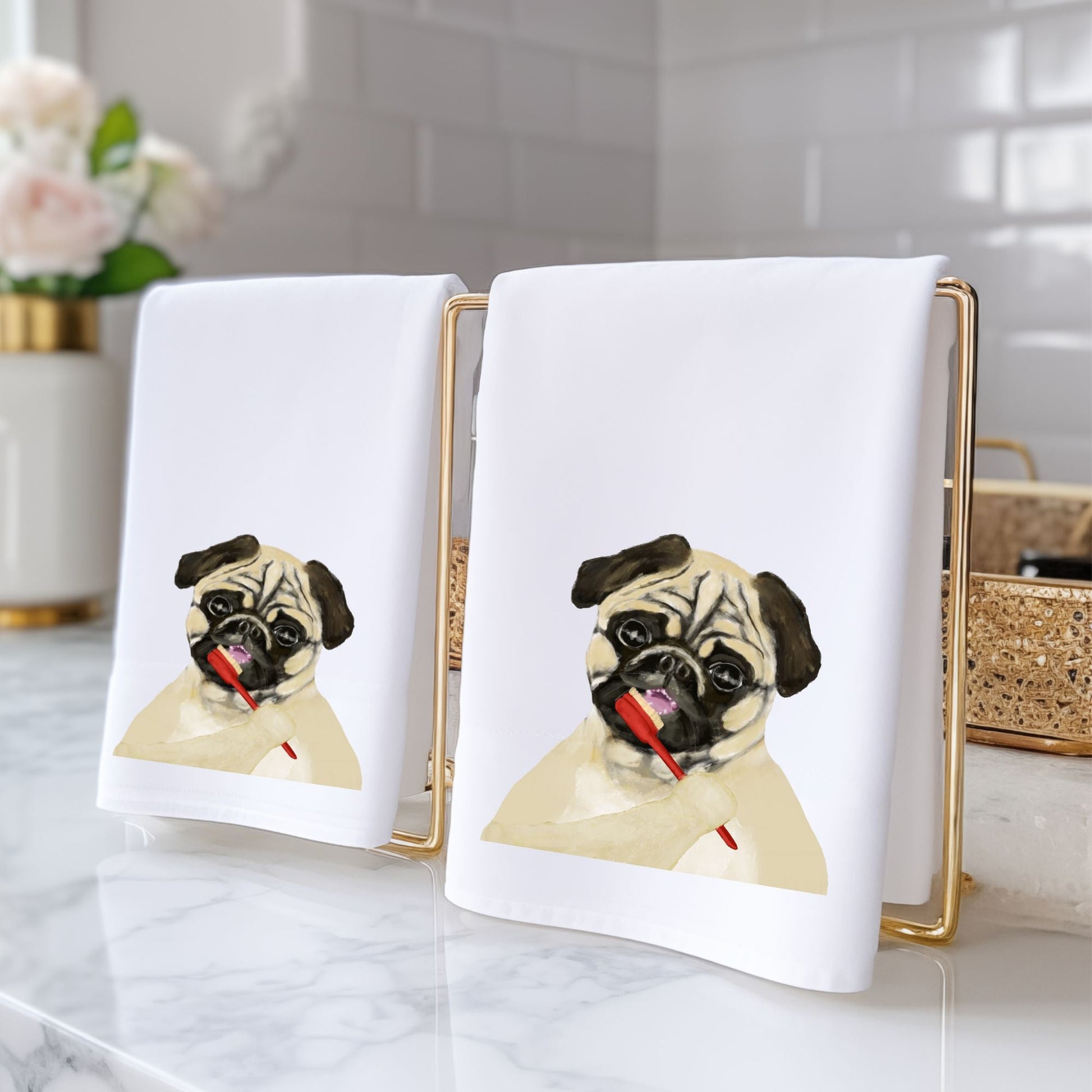 Pug Brushing Teeth Bathroom Towel - MerikaArt