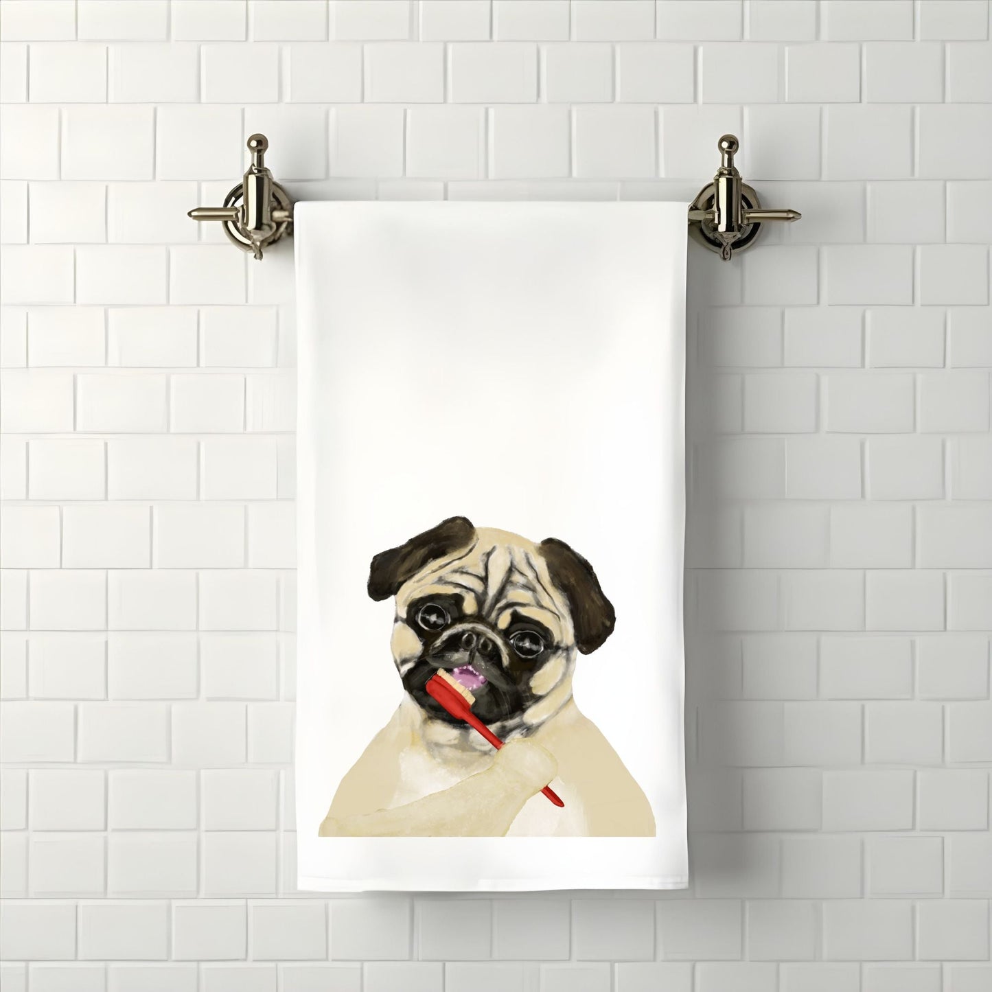 Pug Brushing Teeth Bathroom Towel - MerikaArt