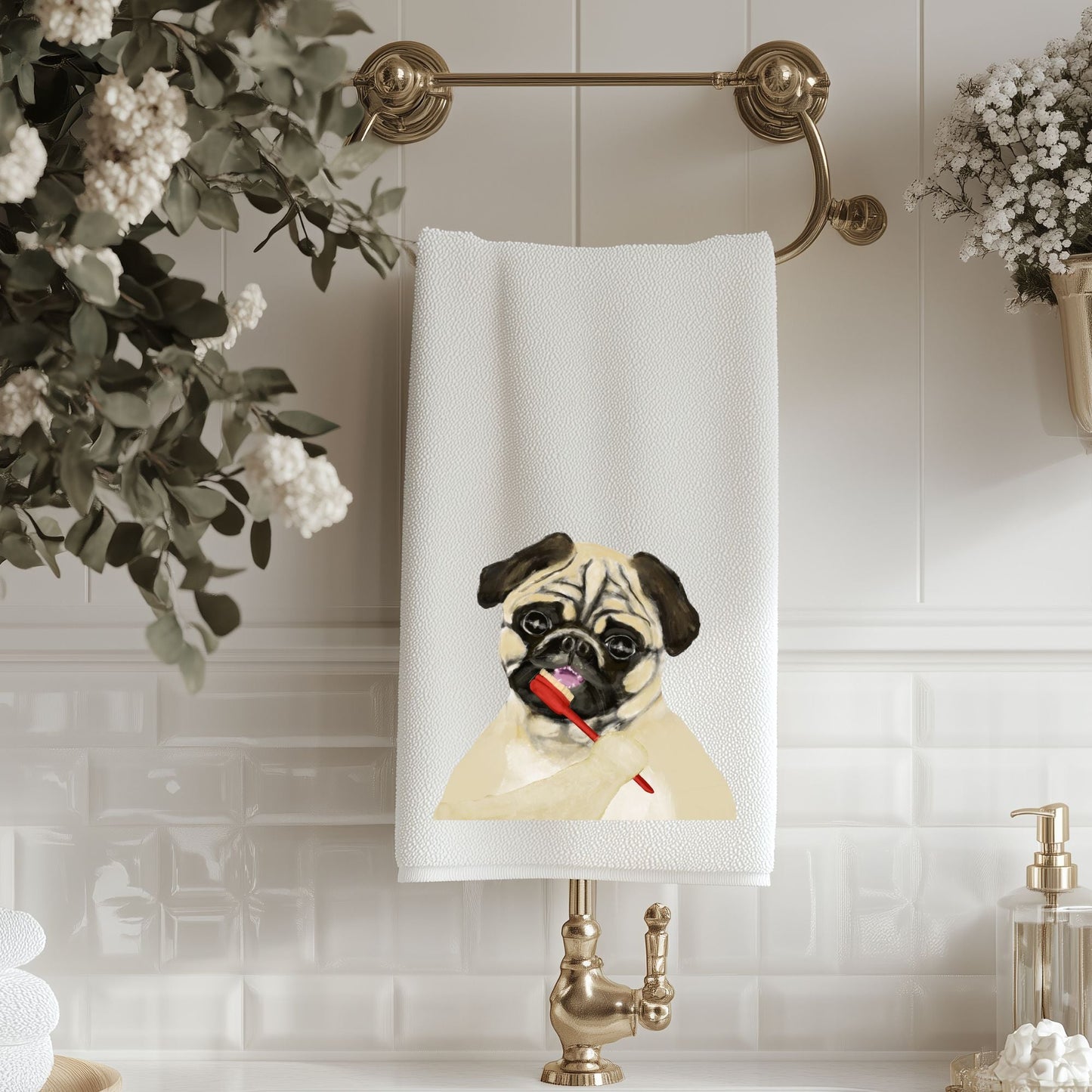 Pug Brushing Teeth Bathroom Towel - MerikaArt