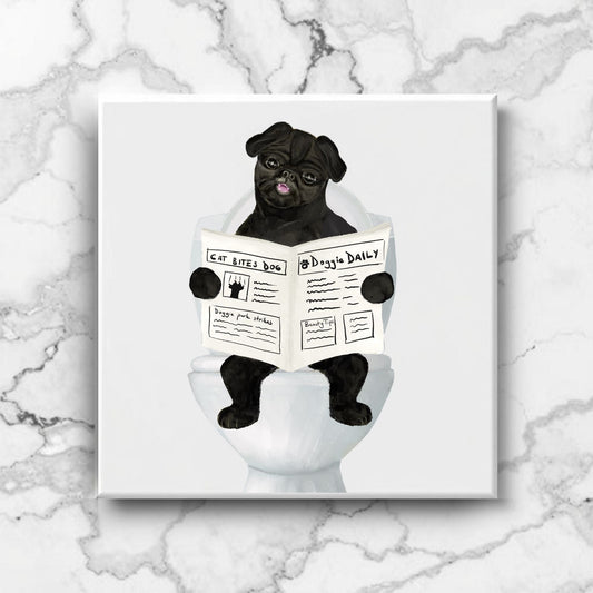 Pug Dog Reading Newspaper Bathroom Ceramic Tile - MerikaArt
