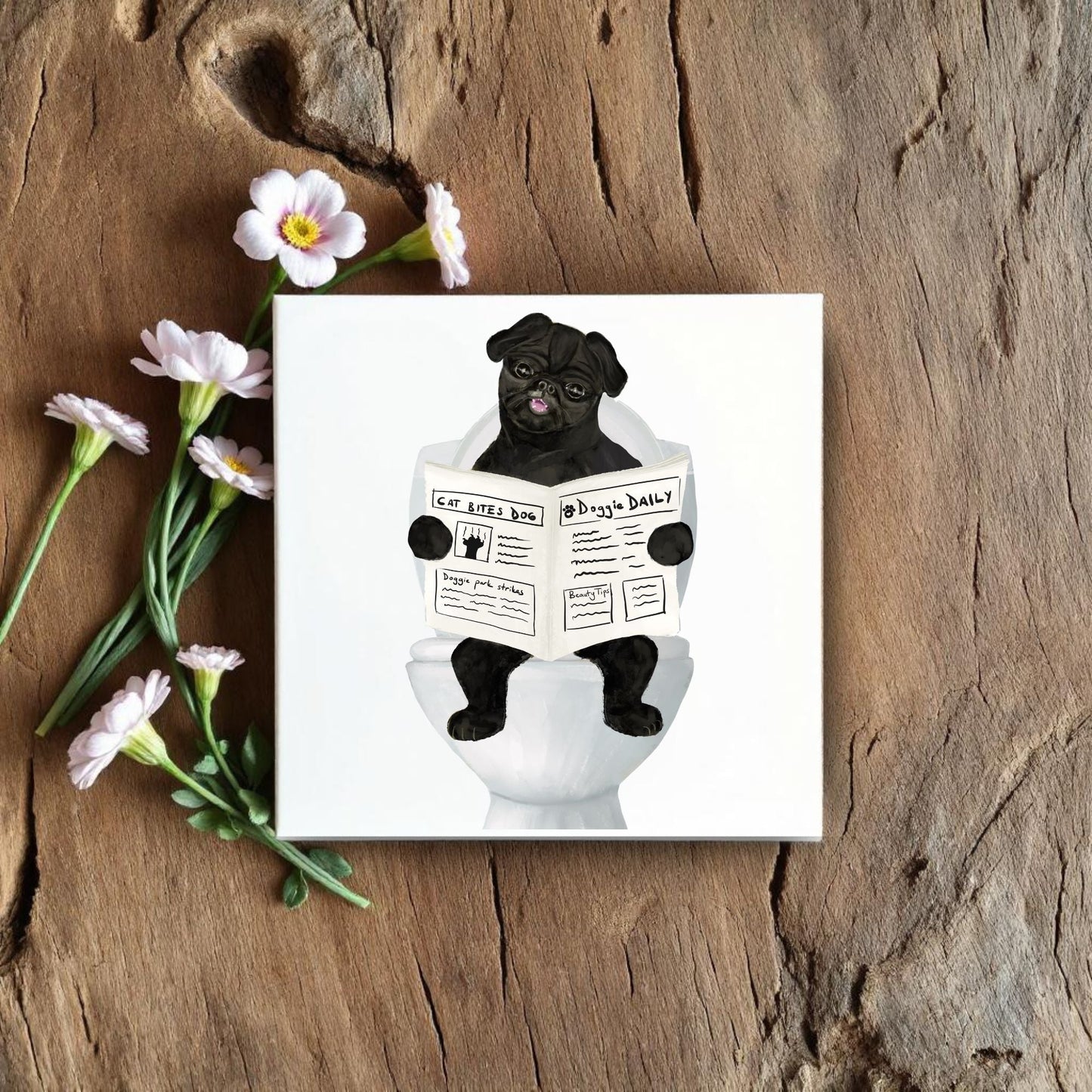 Pug Dog Reading Newspaper Bathroom Ceramic Tile - MerikaArt